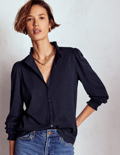Effie Smocked Detail Shirt-Navy-4