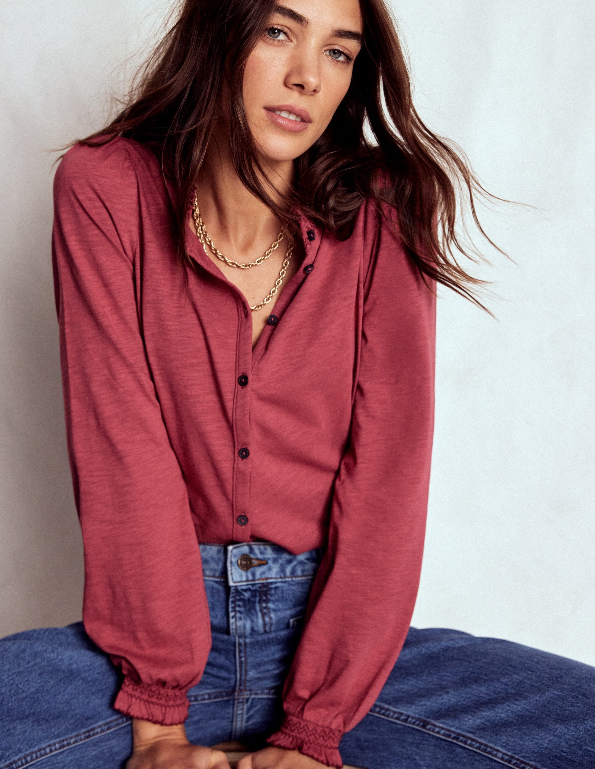 Effie Smocked Detail Shirt-Terracotta Red - Image 1