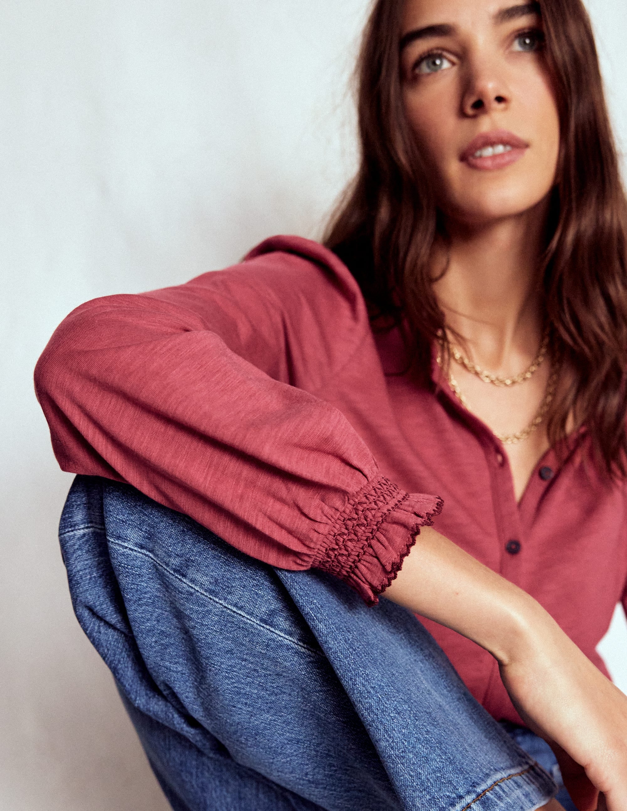 Effie Smocked Detail Shirt-Terracotta Red - Image 2