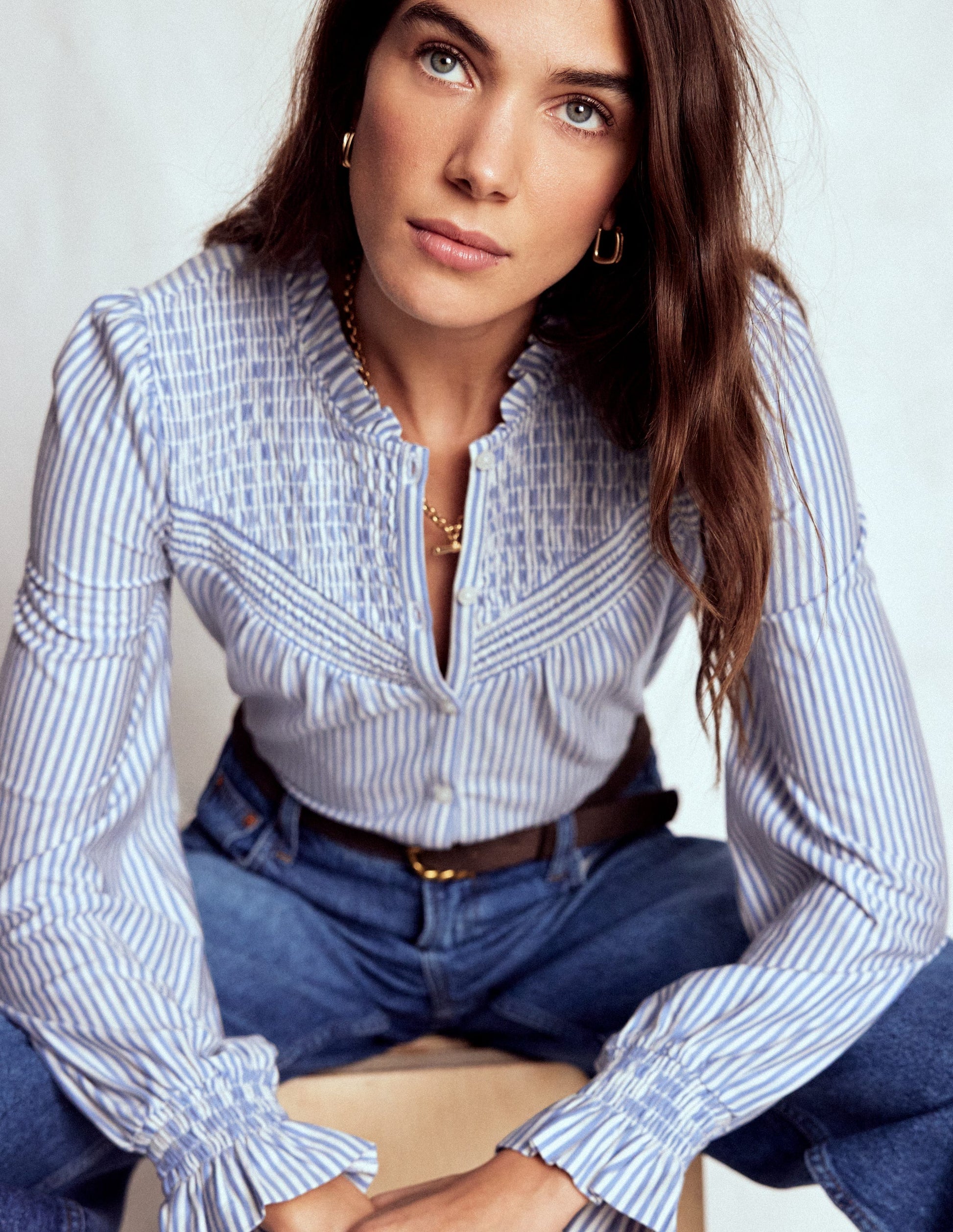 Smocked Yoke Jersey Shirt - Forever Blue and Ivory Stripe