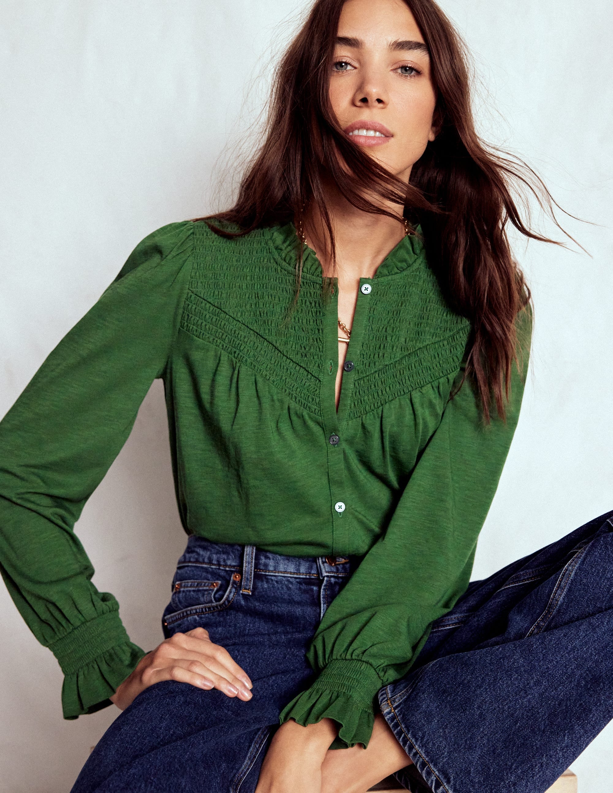 Smocked Yoke Jersey Shirt-Woodland Green - Image 1