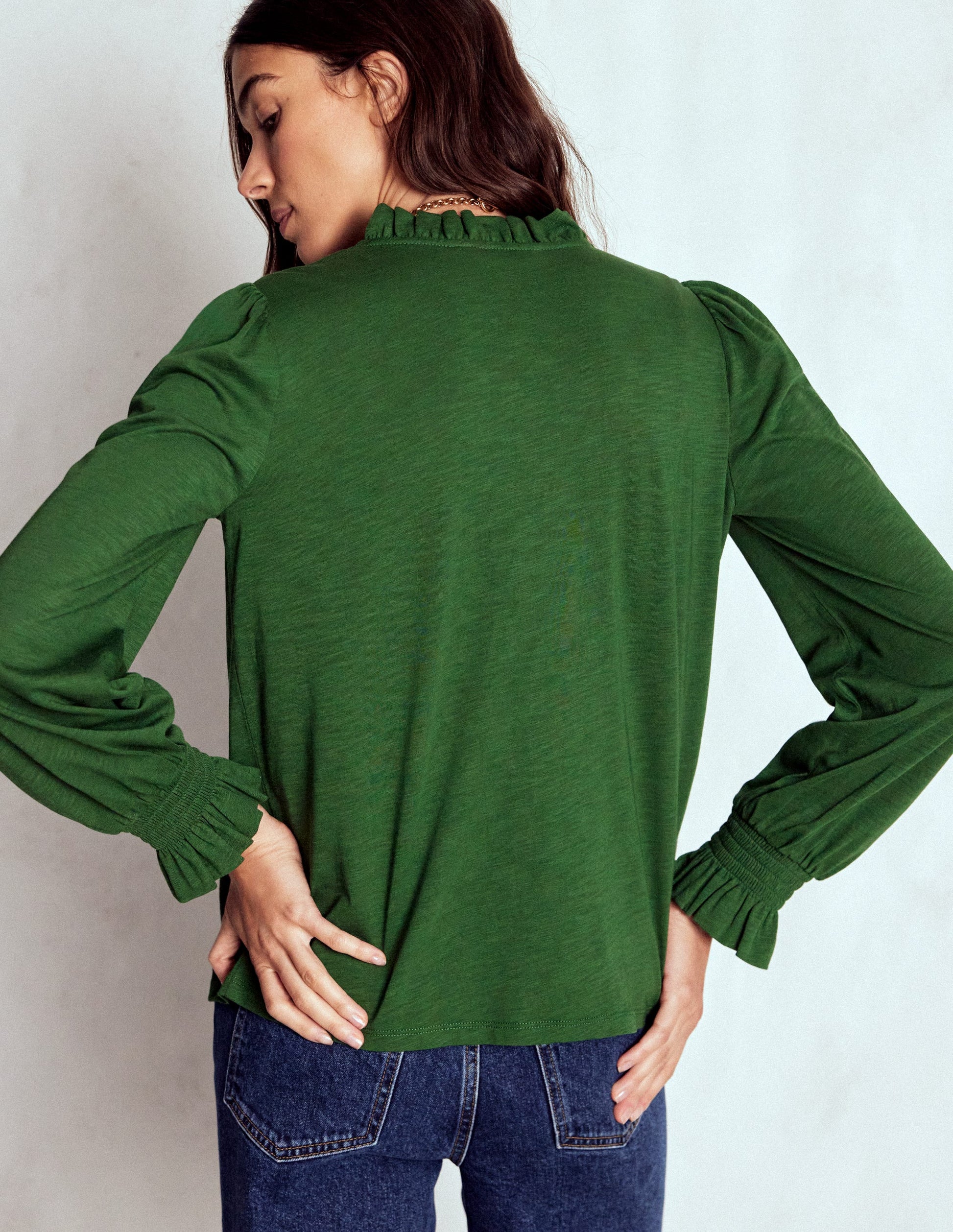 Smocked Yoke Jersey Shirt-Woodland Green-3
