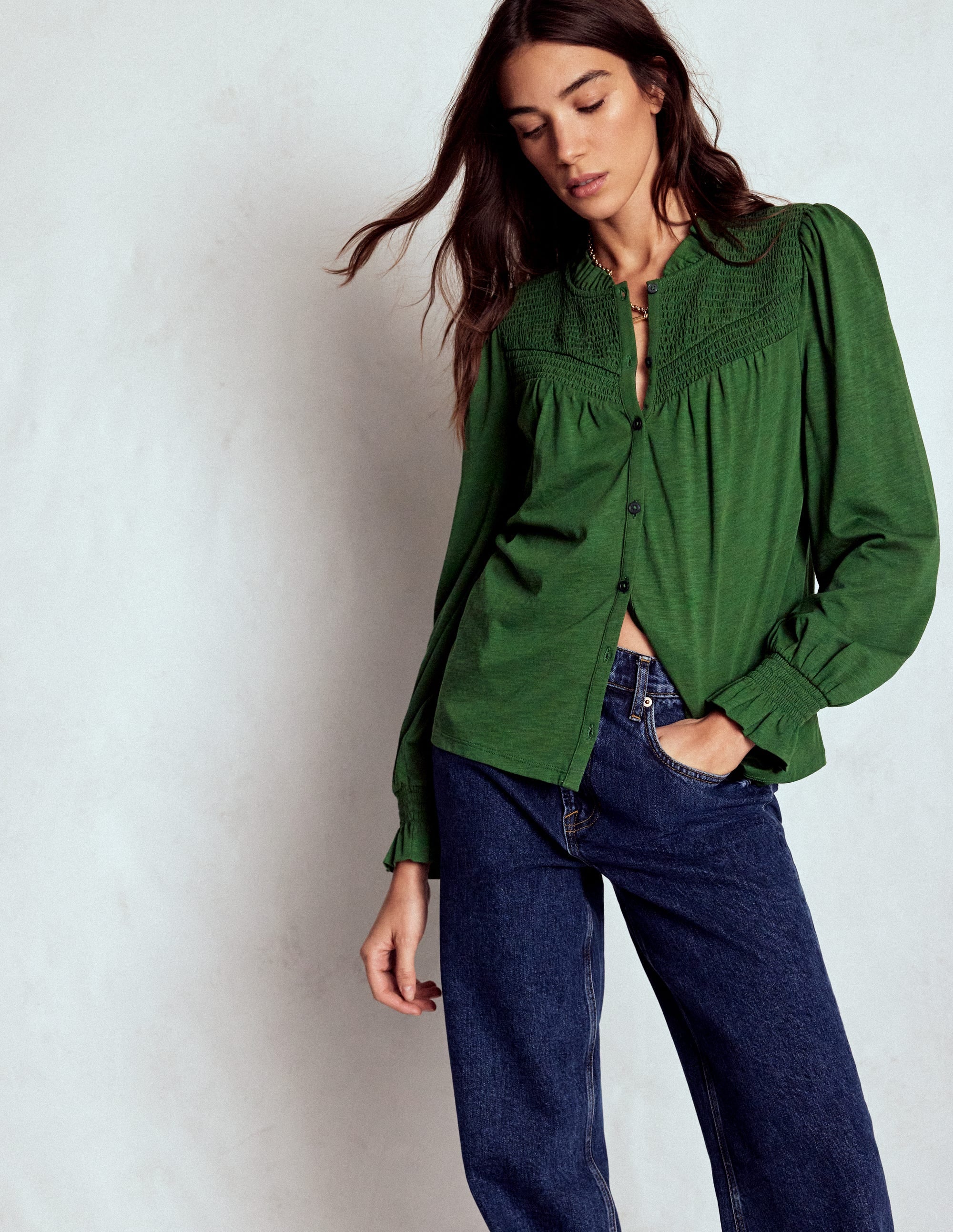 Smocked Yoke Jersey Shirt-Woodland Green - Image 4