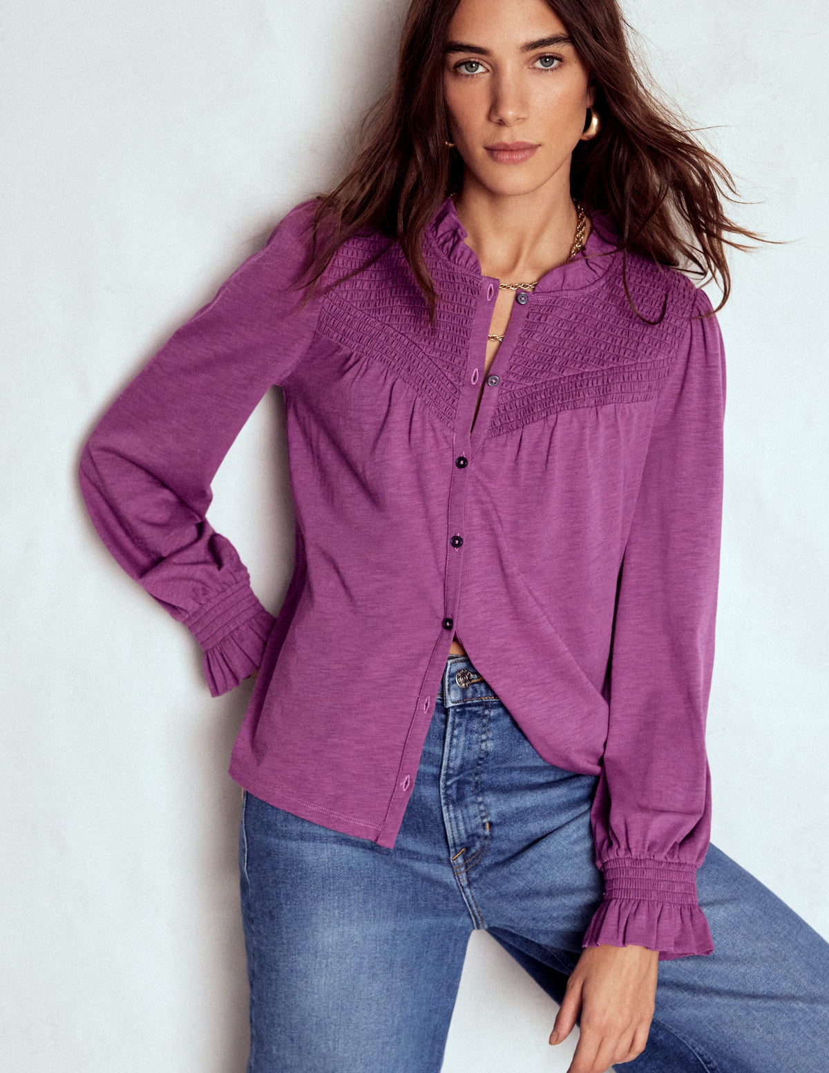 Smocked Yoke Jersey Shirt-Damson - Image 1