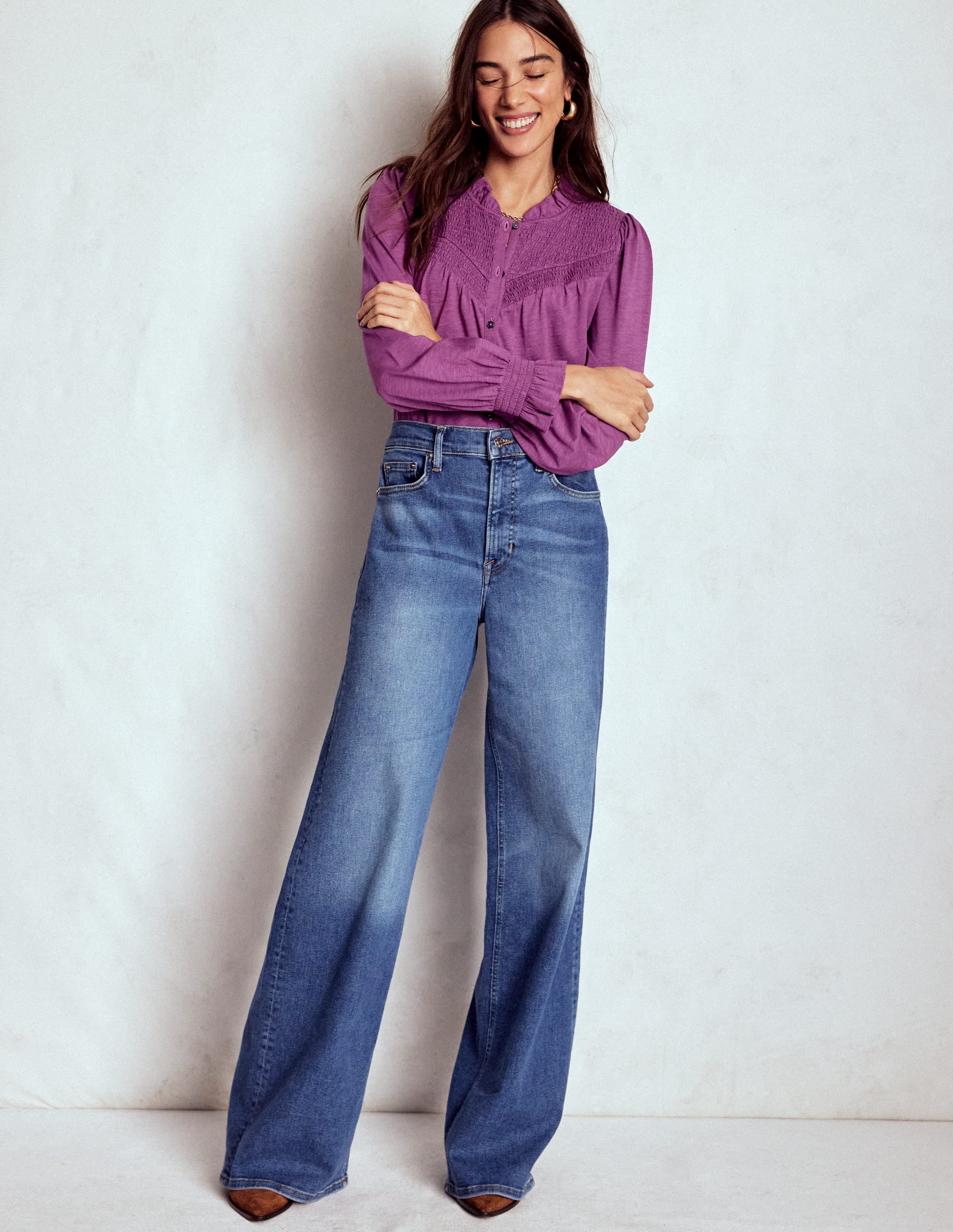 Smocked Yoke Jersey Shirt-Damson - Image 4