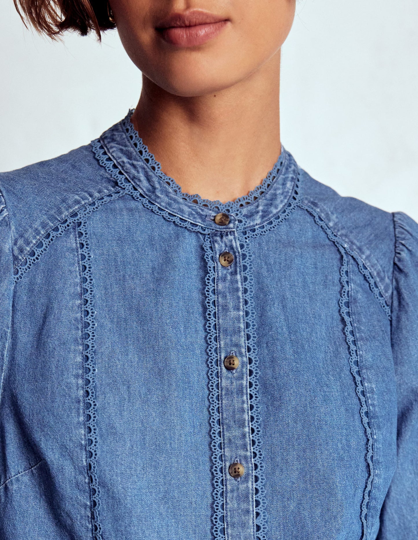 Rhea Trim Insert Denim Top-Light Vintage