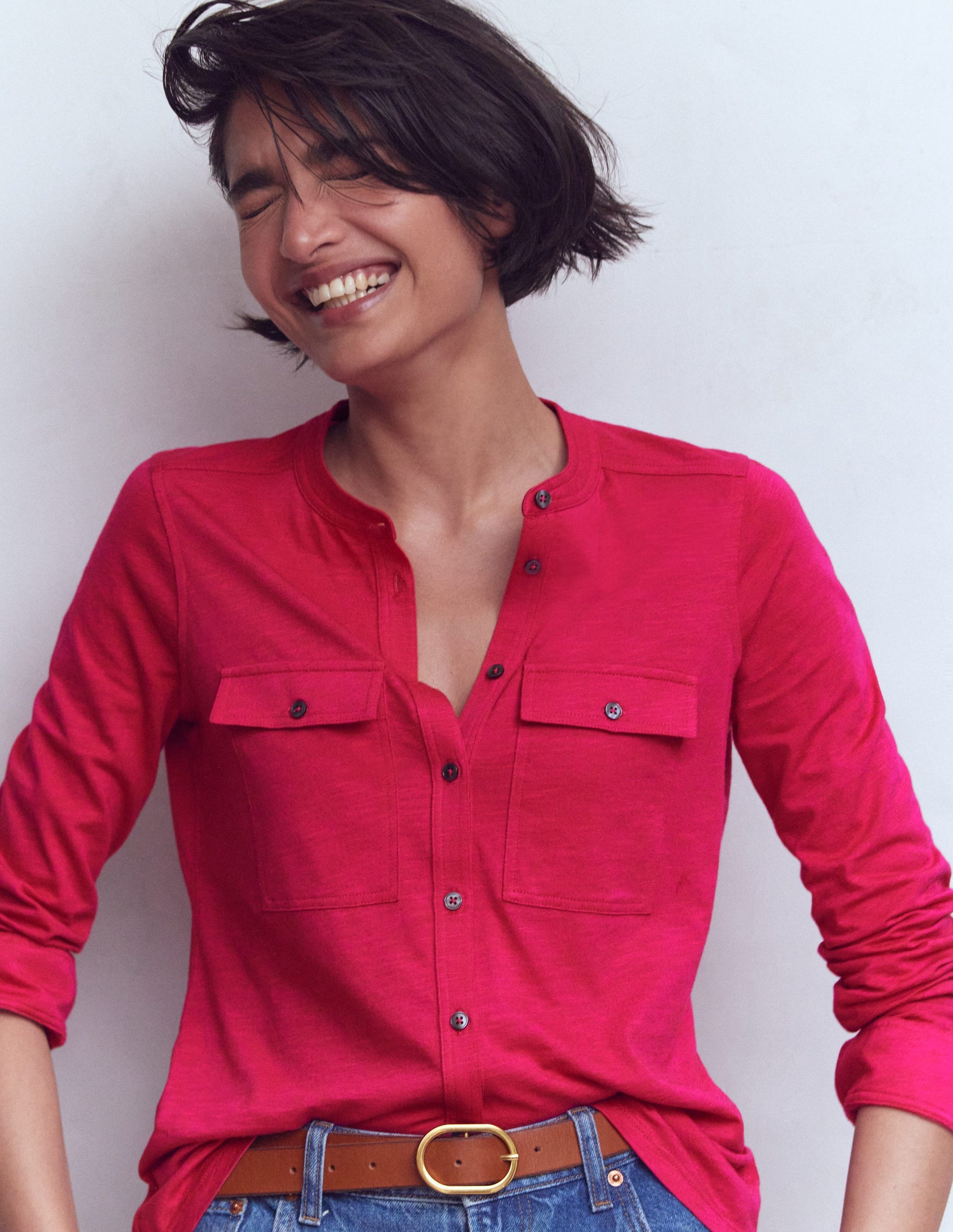 Topstitched Pocket Shirt-Pomegranate-1