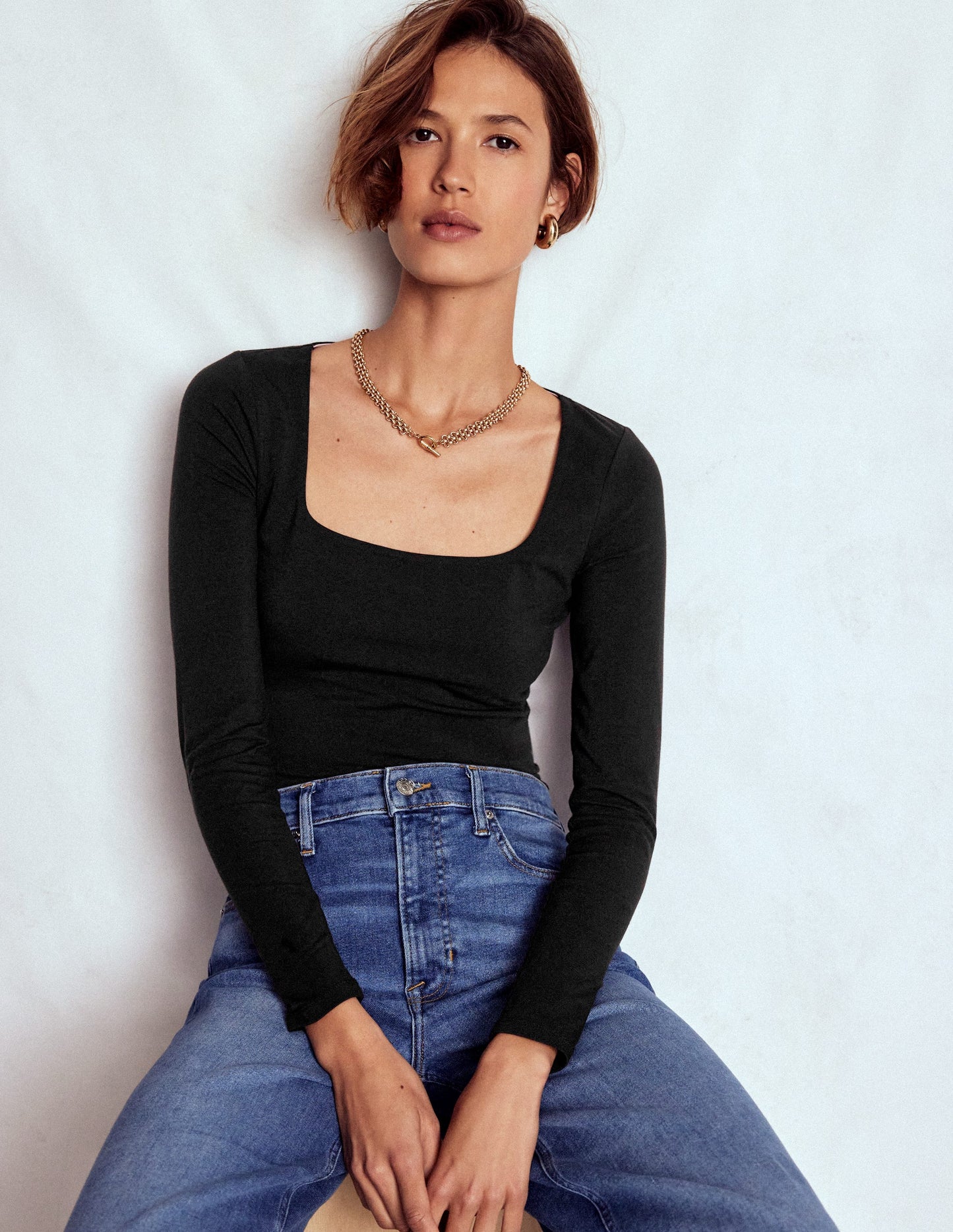 Double Layer Square Neck Top-Black