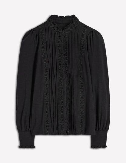 Lace Detail Jersey Shirt-Black-2