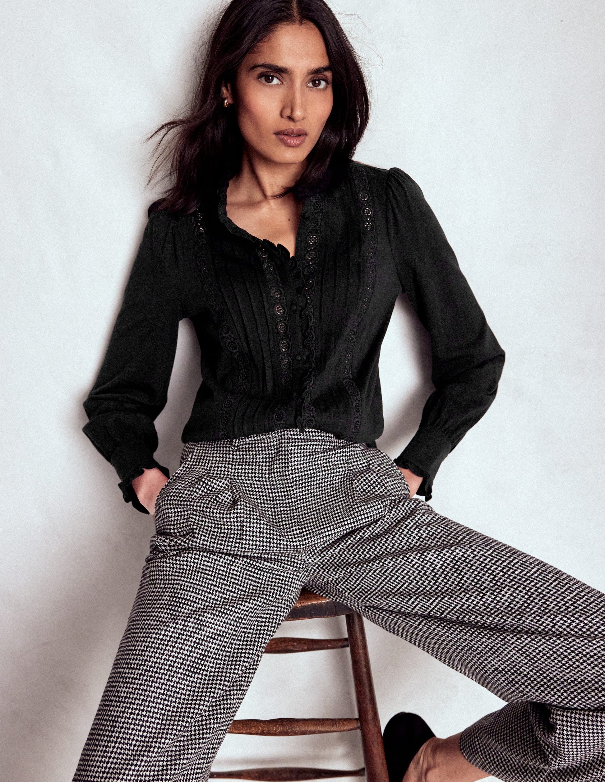 Lace Detail Jersey Shirt-Black-3