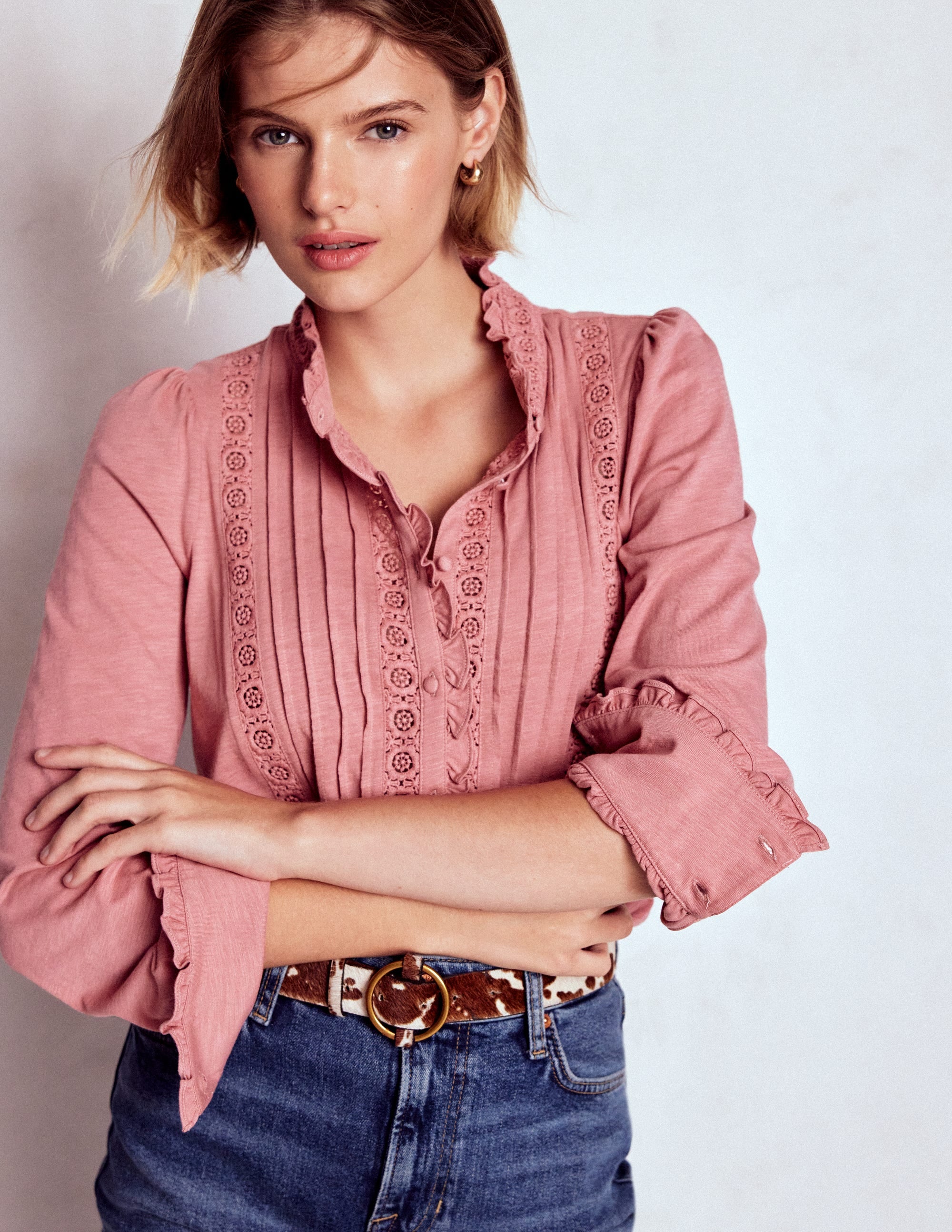 Lace Detail Jersey Shirt-Vintage Rose - Image 1