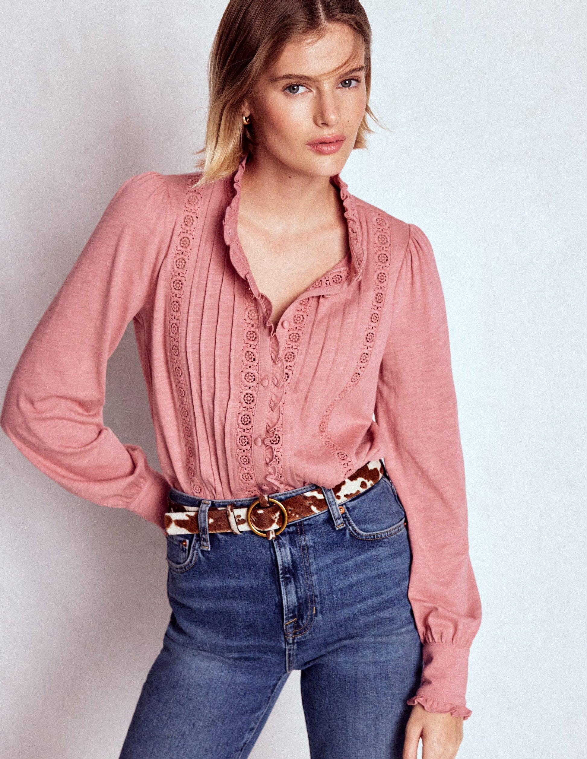 Lace Detail Jersey Shirt-Vintage Rose-4