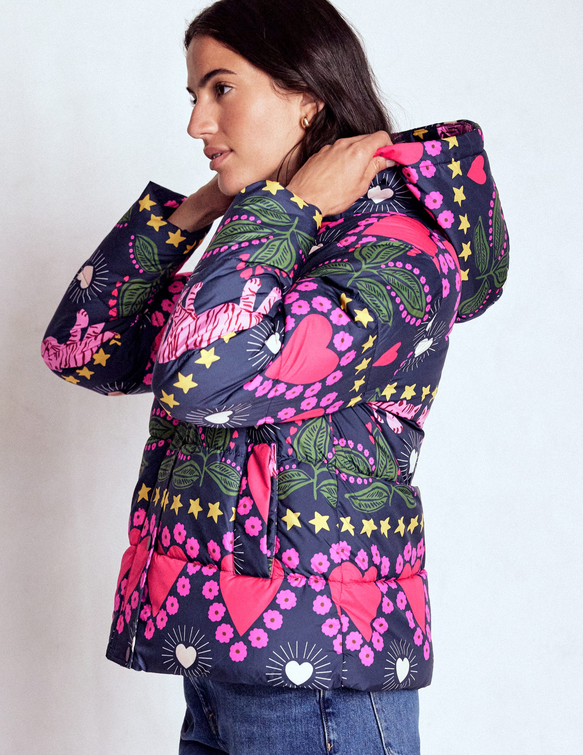 Padded Puffer Coat-French Navy, Embellished Tiger - Image 1