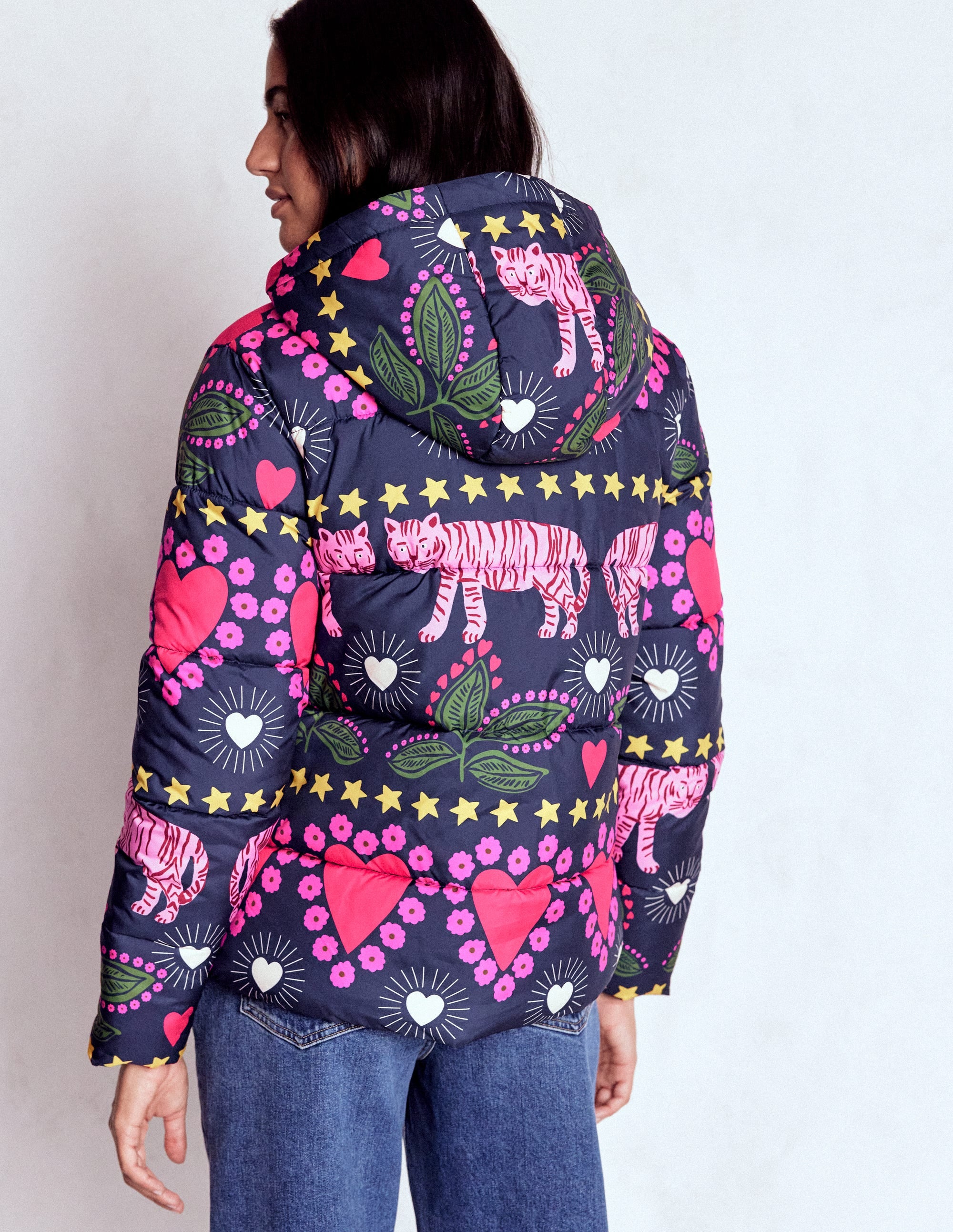 Padded Puffer Coat-French Navy, Embellished Tiger - Image 3