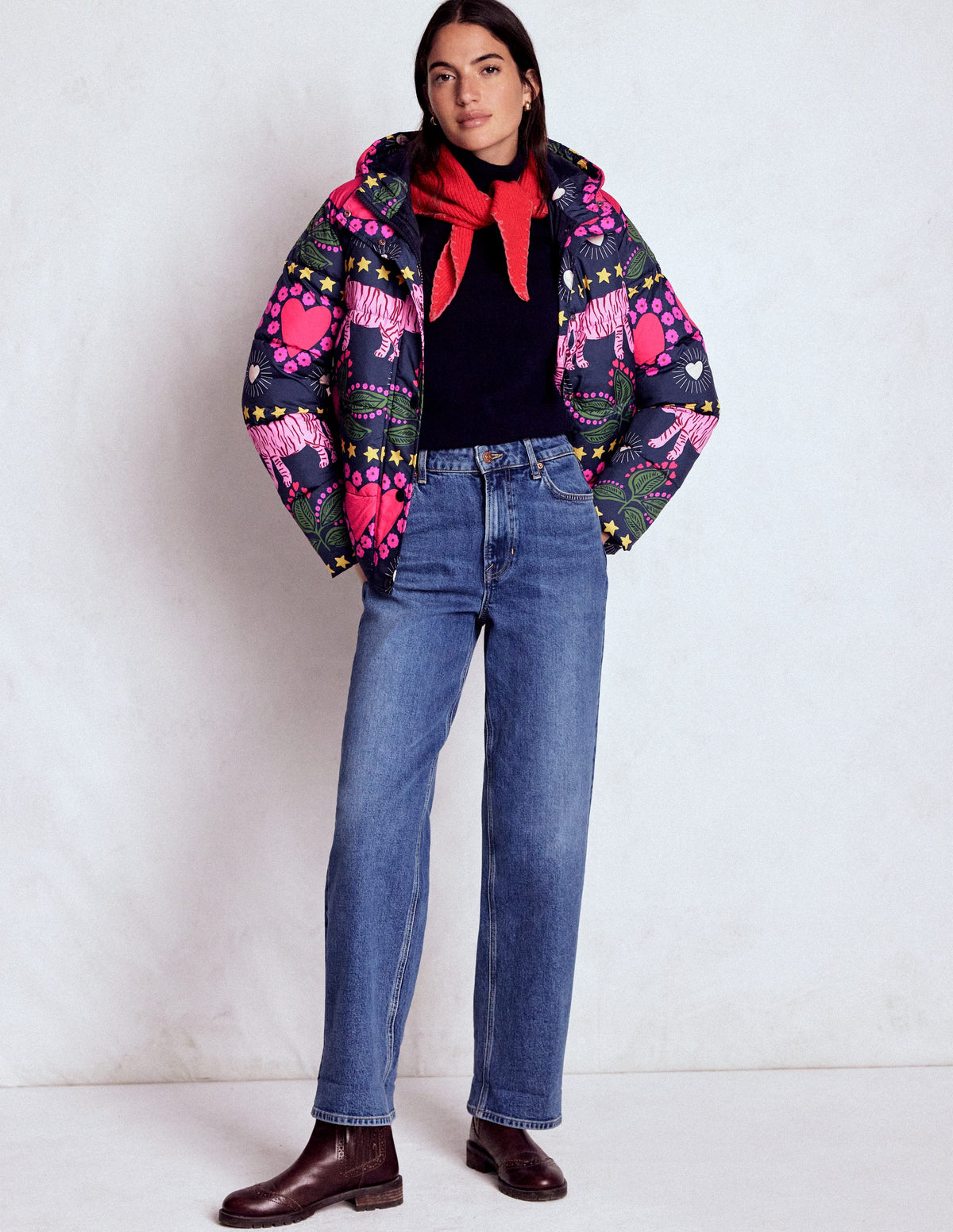 Padded Puffer Coat-French Navy, Embellished Tiger - Image 4