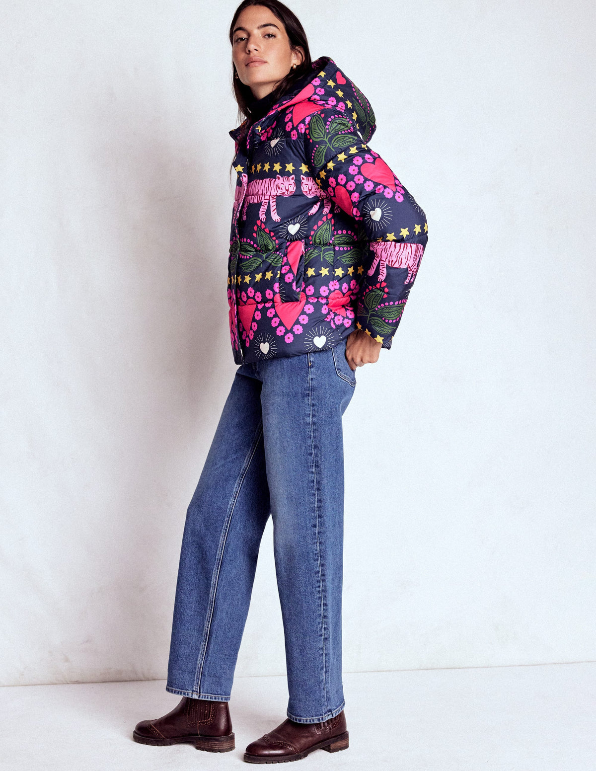 Padded Puffer Coat-French Navy, Embellished Tiger - Image 5