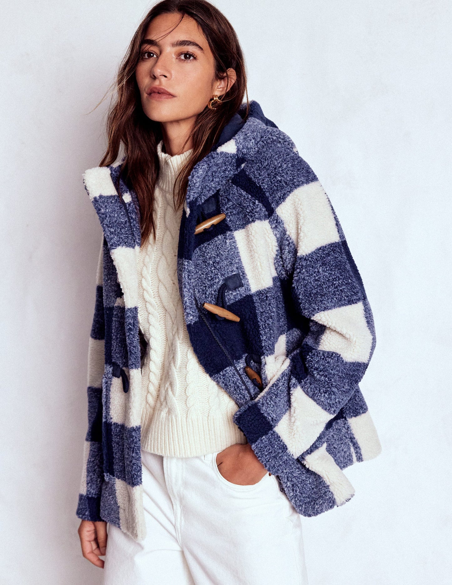 Borg Duffle Coat-College Navy Gingham