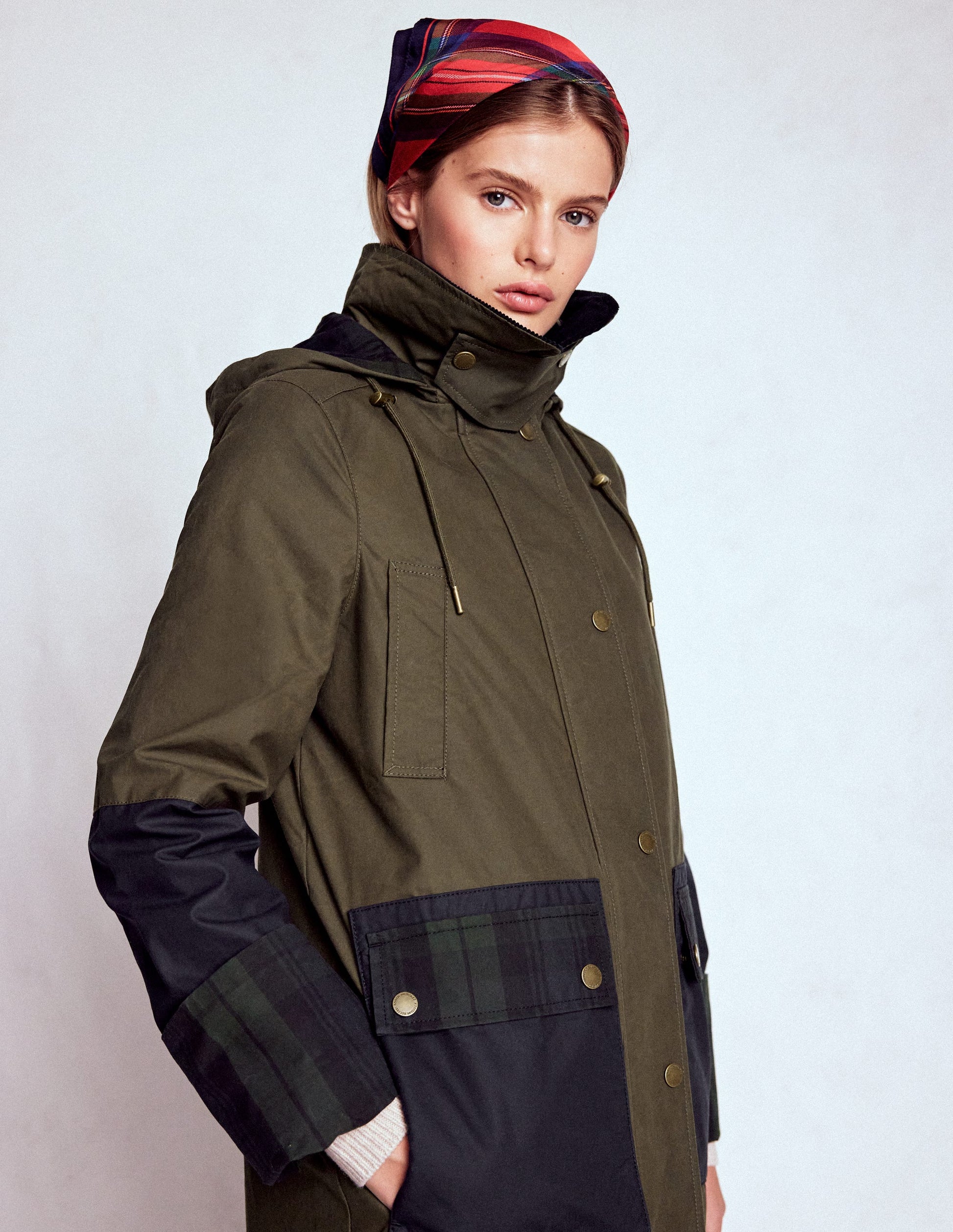 Longline Wax Coat-Navy Khaki Colourblock-1