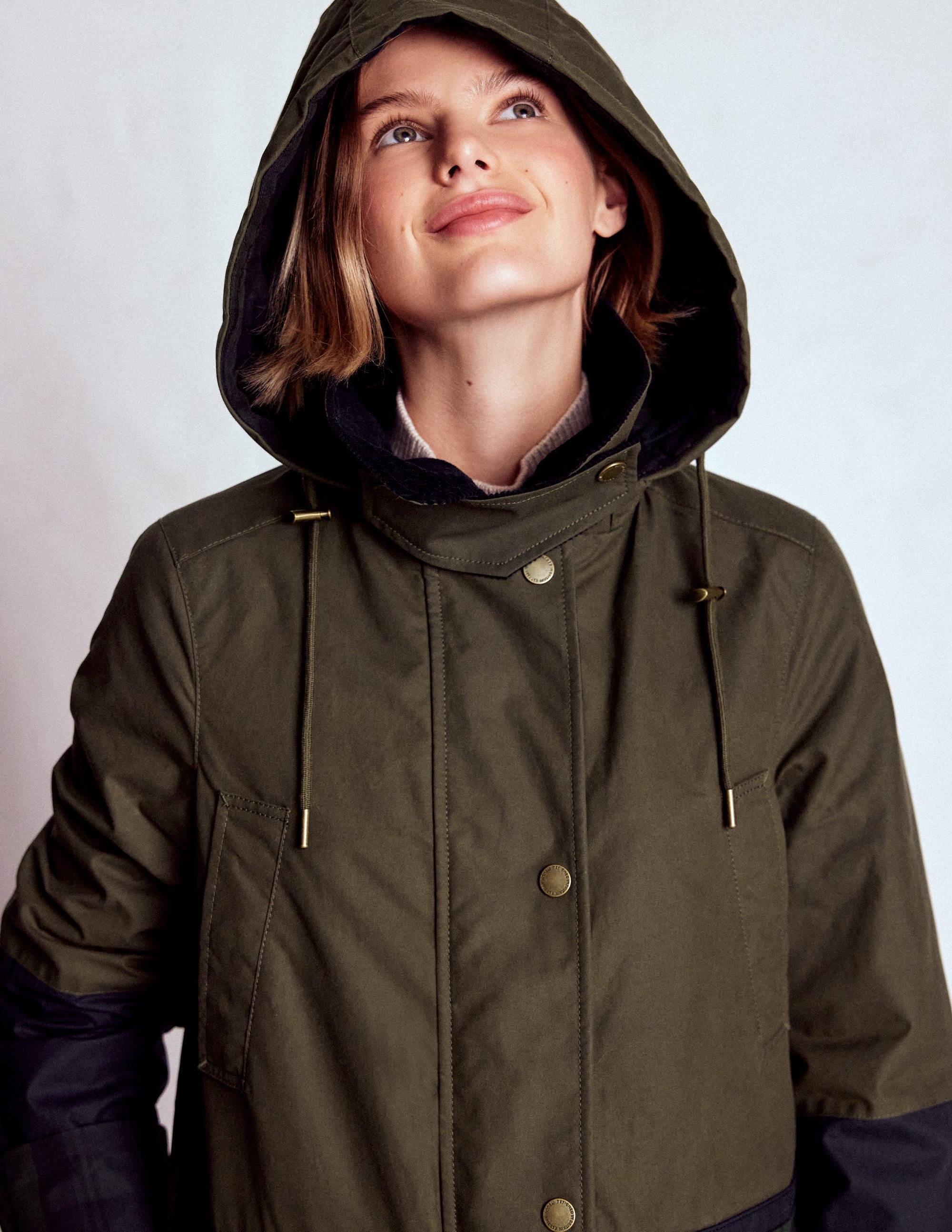Longline Wax Coat-Navy Khaki Colourblock - Image 2