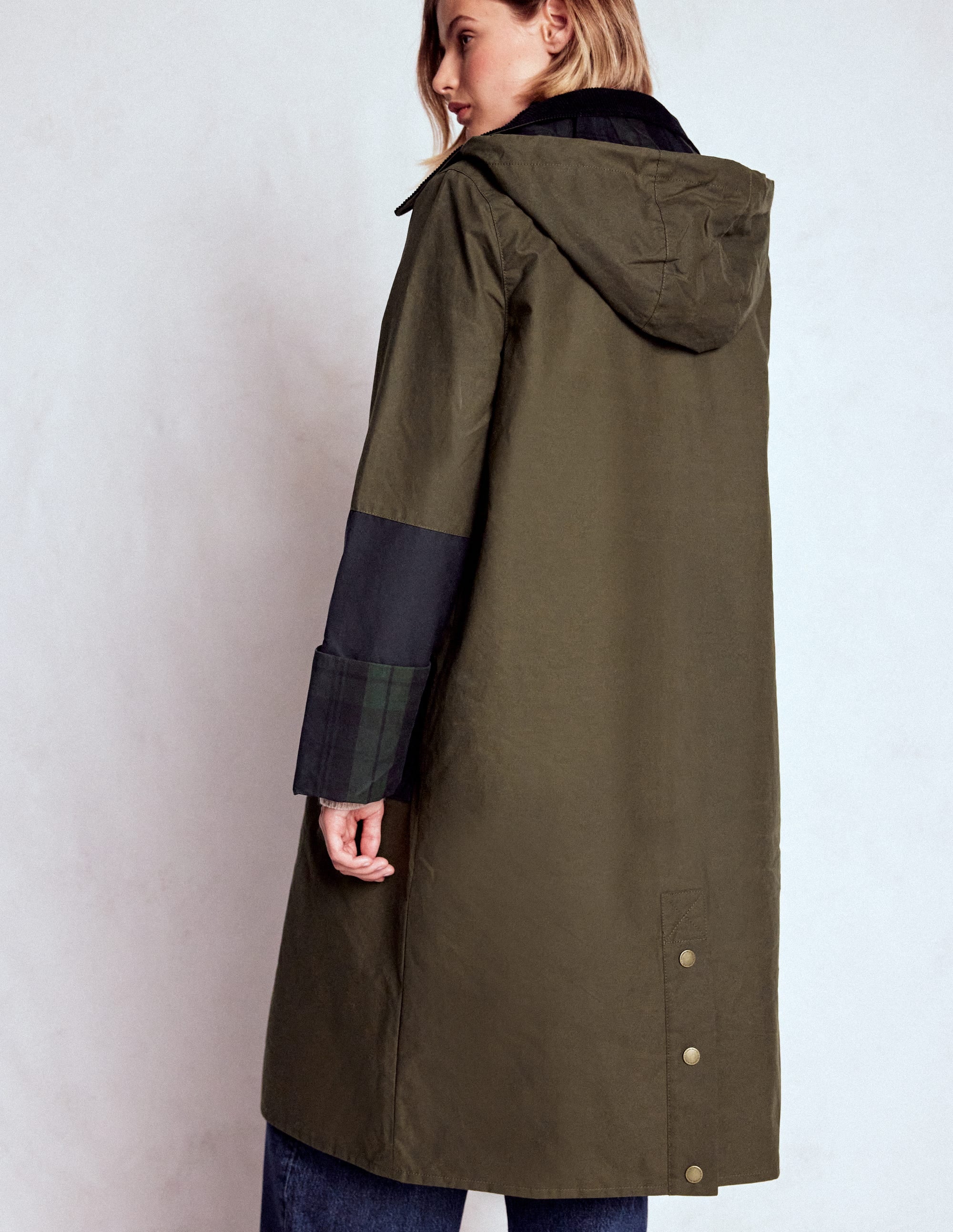 Longline Wax Coat-Navy Khaki Colourblock - Image 3