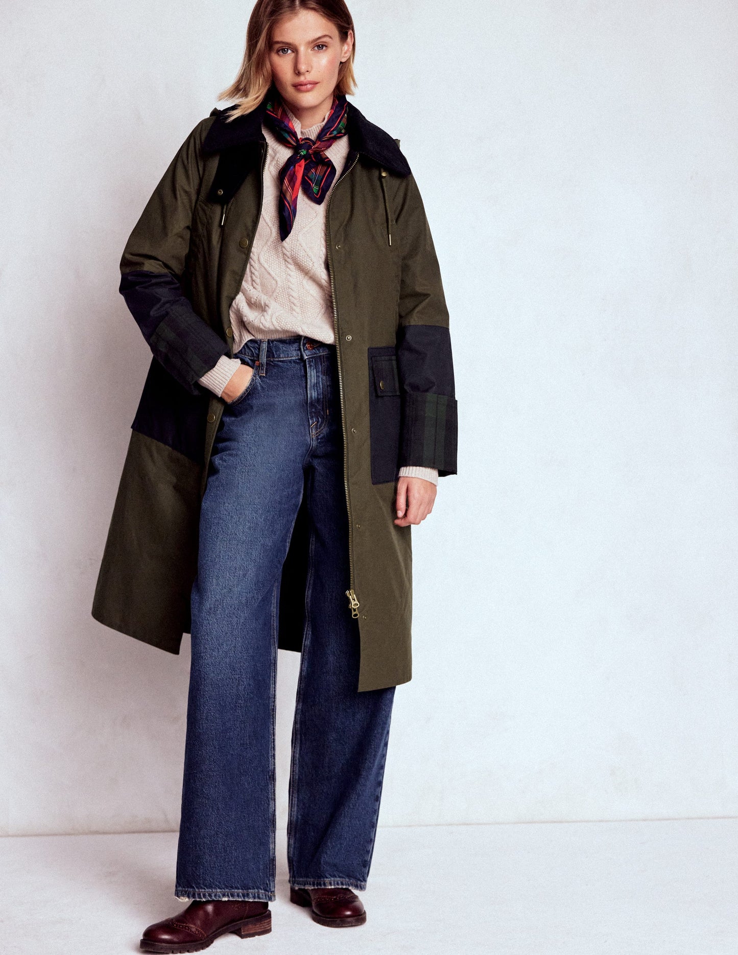 Longline Wax Coat-Navy Khaki Colourblock