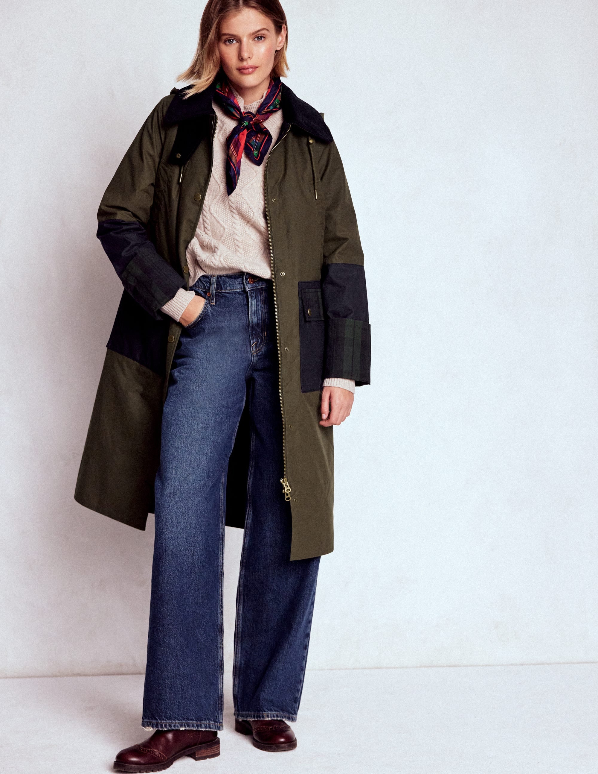 Longline Wax Coat-Navy Khaki Colourblock - Image 4