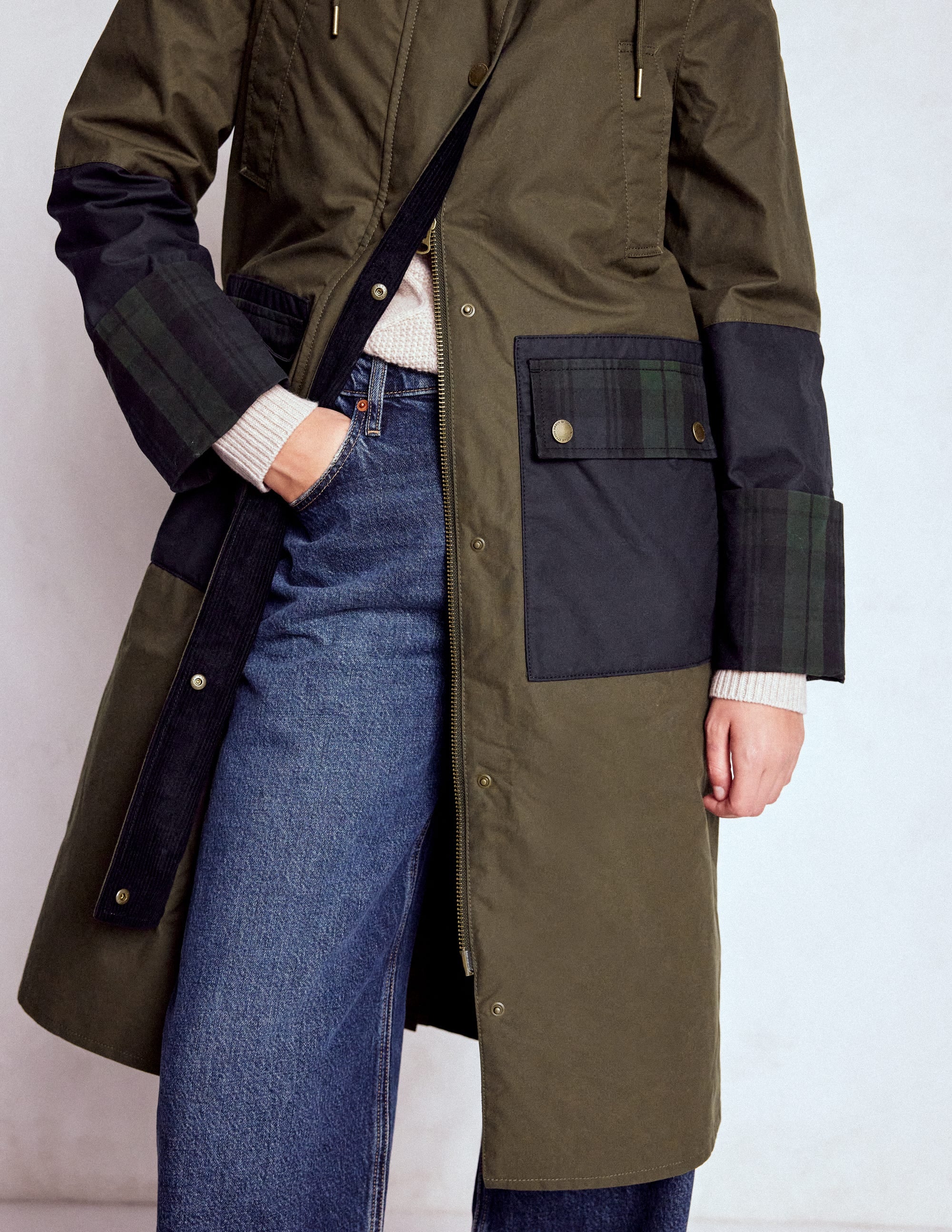 Longline Wax Coat-Navy Khaki Colourblock - Image 5