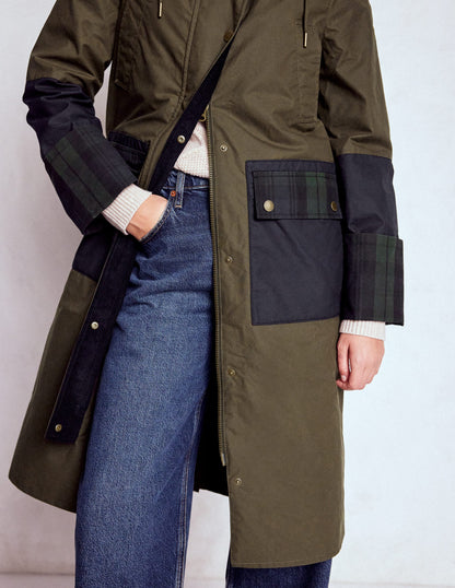 Longline Wax Coat-Navy Khaki Colourblock-5