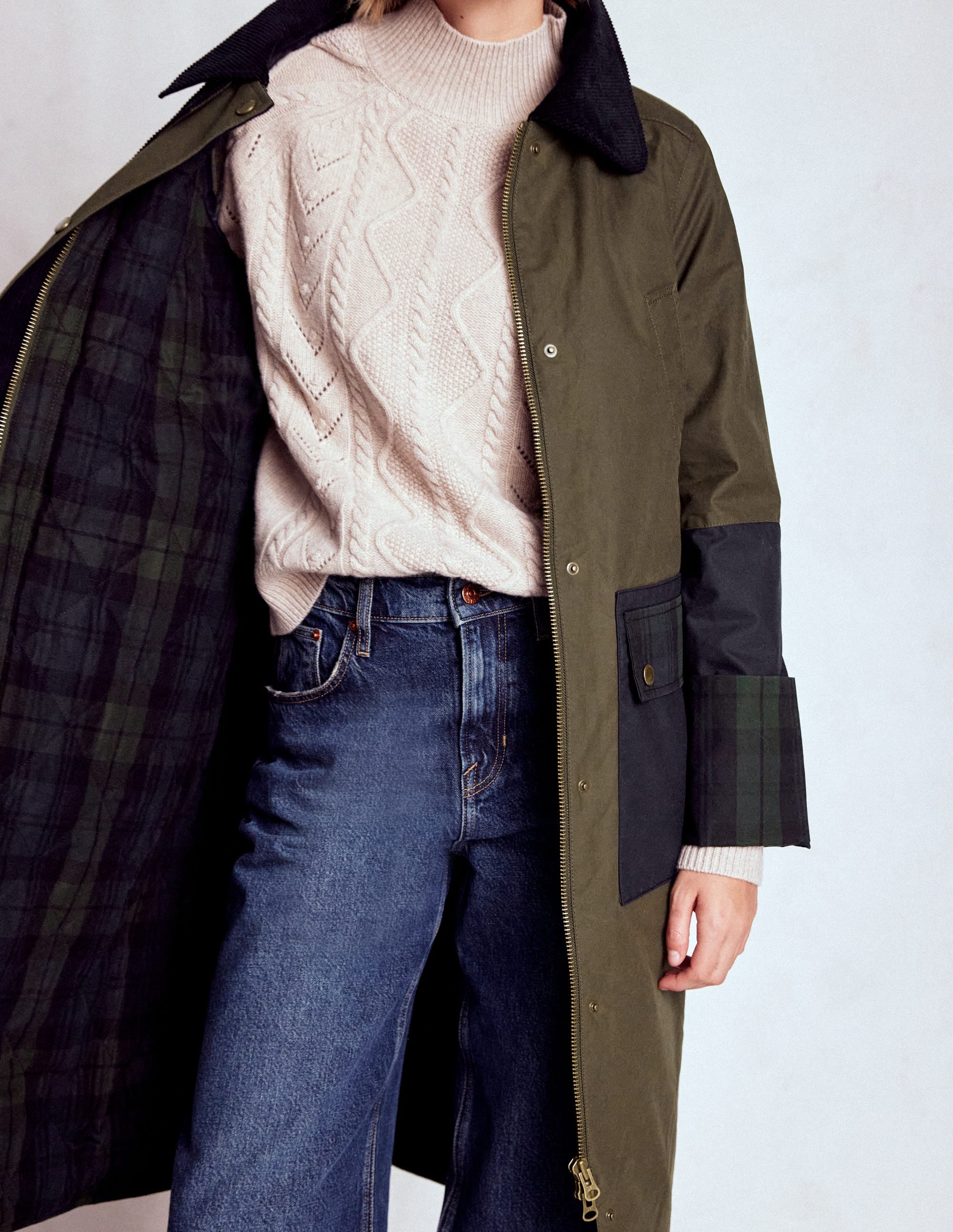 Longline Wax Coat-Navy Khaki Colourblock - Image 6