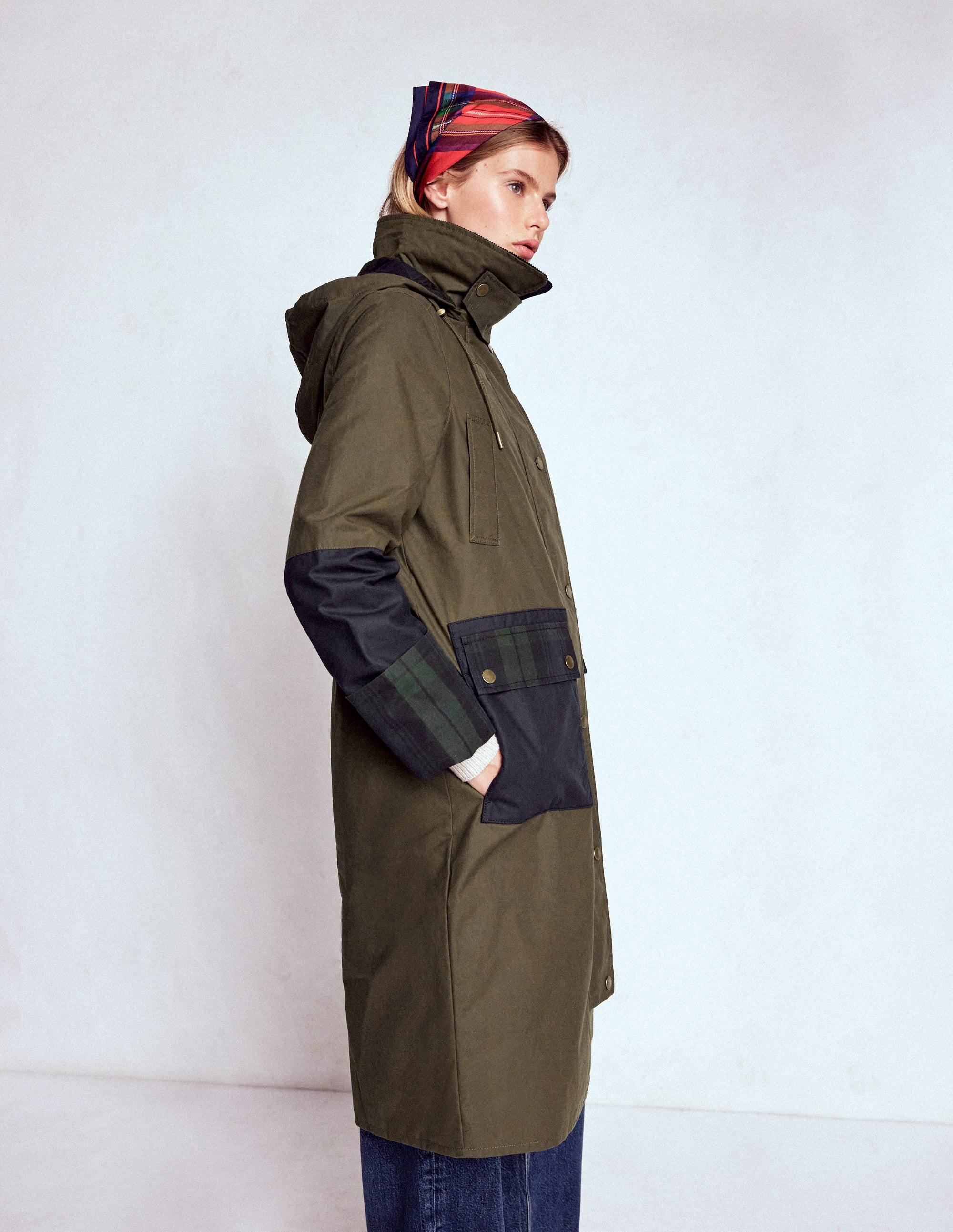 Longline Wax Coat-Navy Khaki Colourblock - Image 8