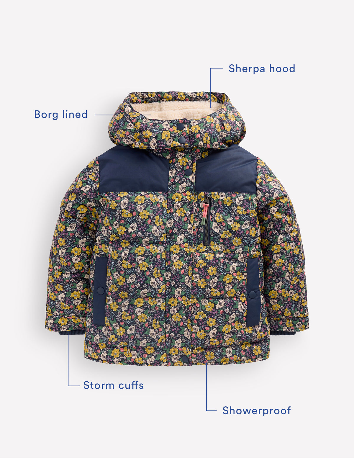 Borg Lined Puffer Coat-French Navy Mixed Flowerbed-3