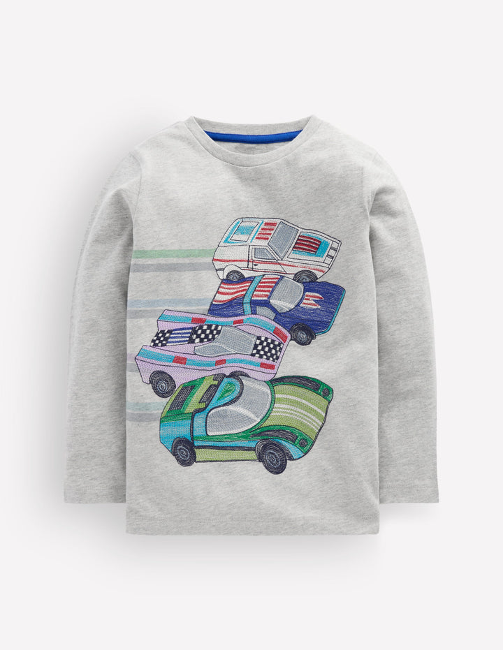 Superstitch Long Sleeve Top-Grey Marl Racing Cars