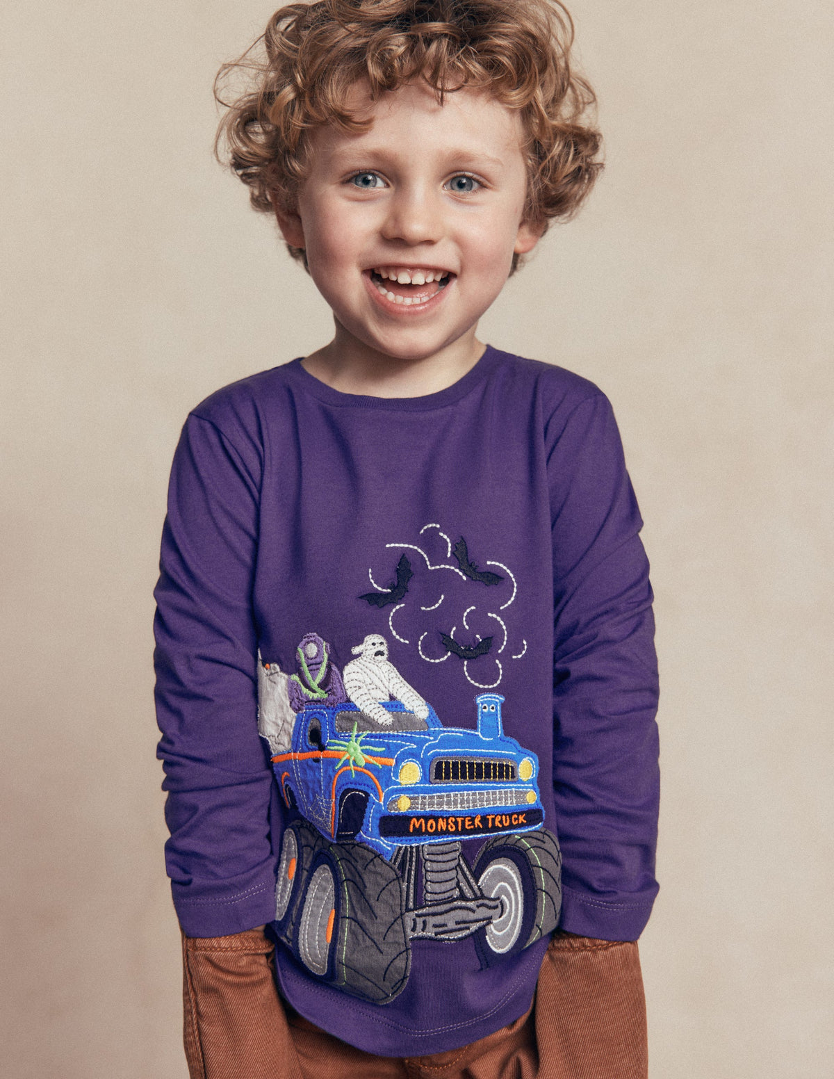 Long Sleeve Appliqué T-shirt-Halloween Monster Truck - Image 1