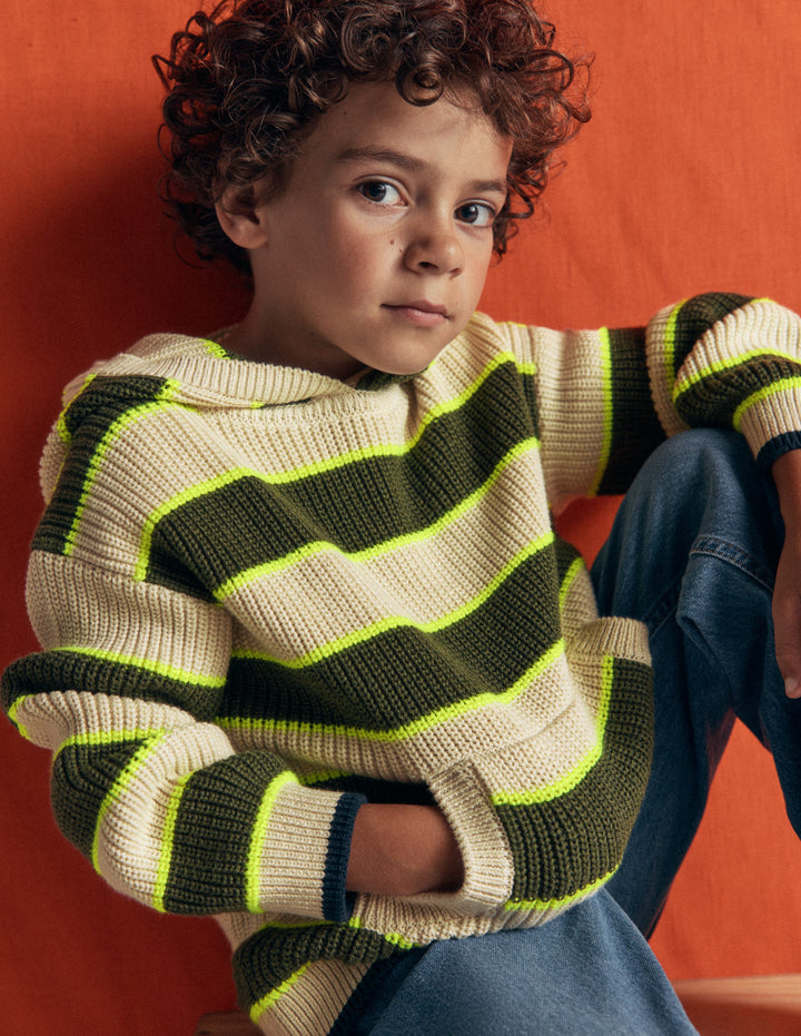 Chunky Cotton Hoodie-Oatmeal/Green Stripe