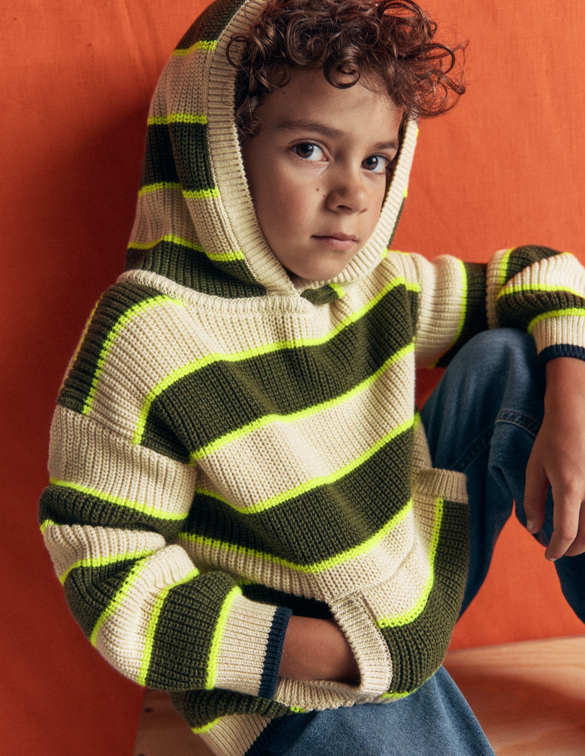 Knitted Hoodie-Oatmeal/Green Stripe-3