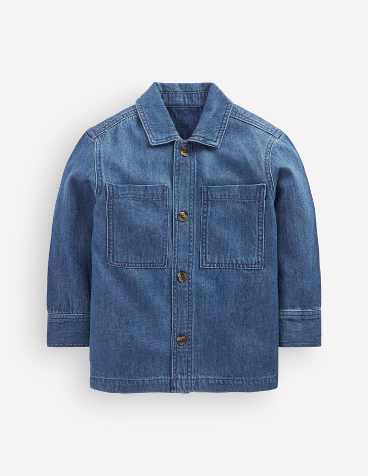 Front Pocket Overshirt-Mid Denim