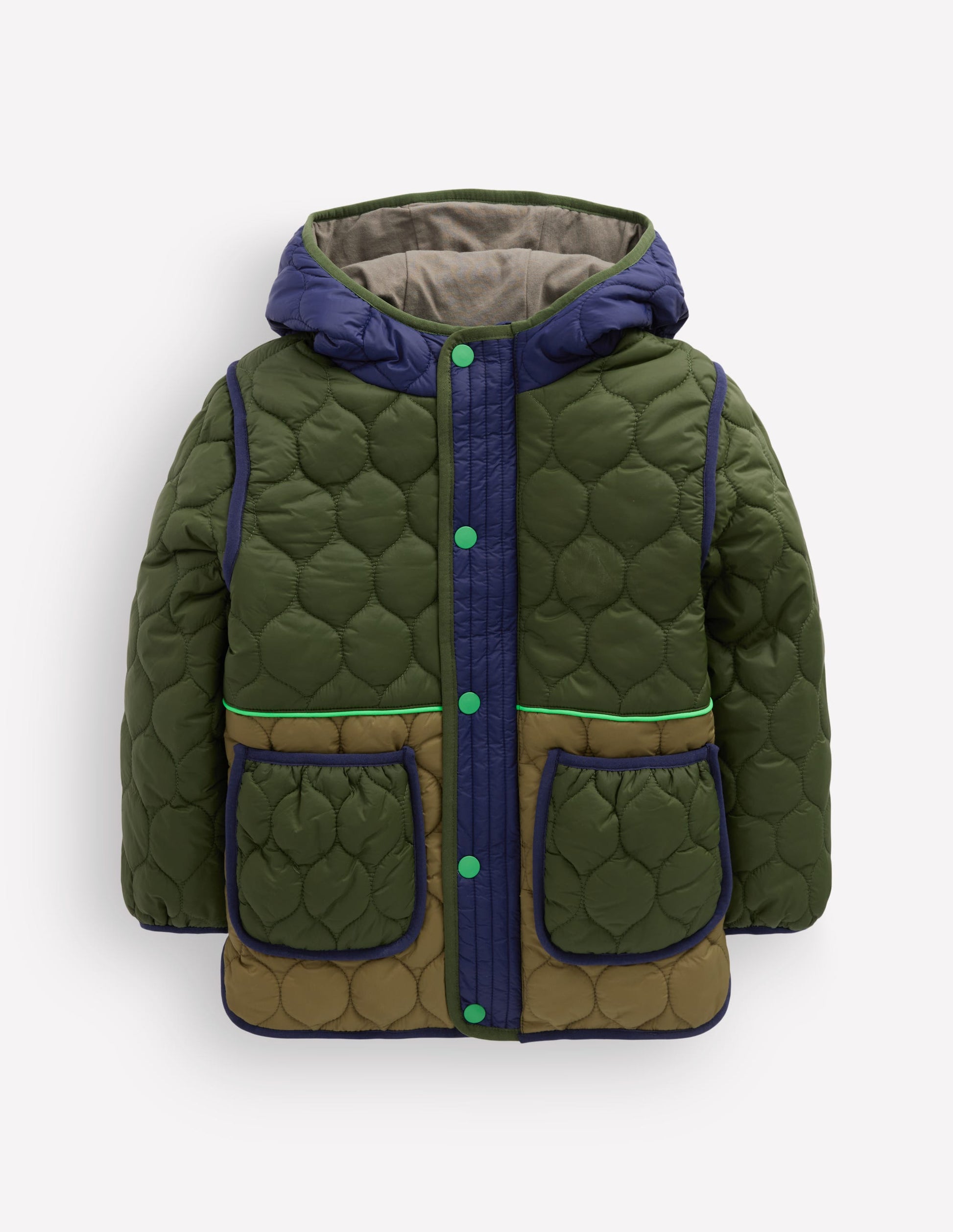 Quilted Coat-Khaki Colourblock-5
