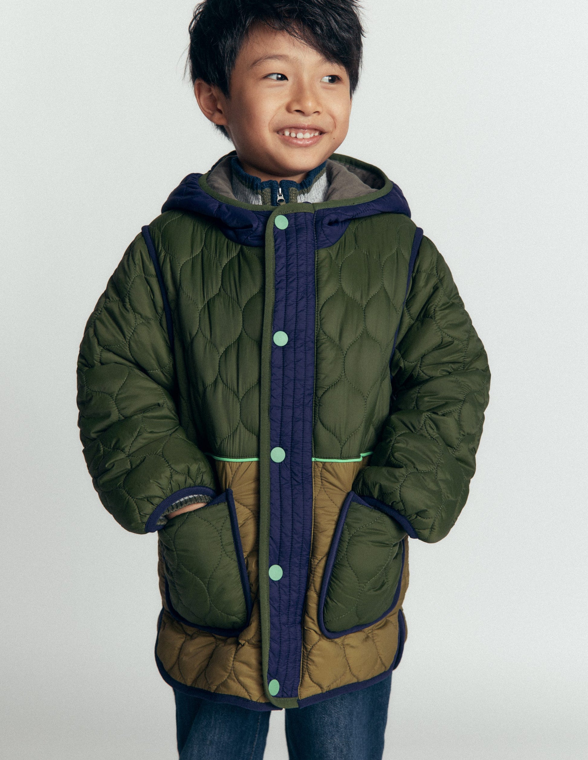 Quilted Coat-Khaki Colourblock-1