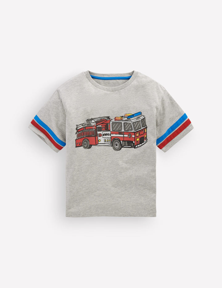 Colour Block Printed T-shirt-Grey Marl Firetruck