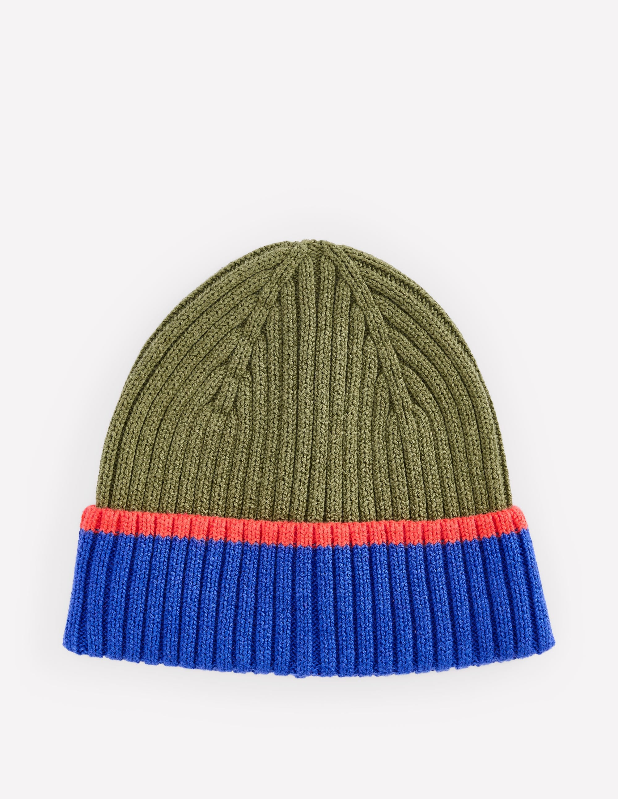 Boy's Cotton Ribbed Beanie-Olive Colourblock - Image 1