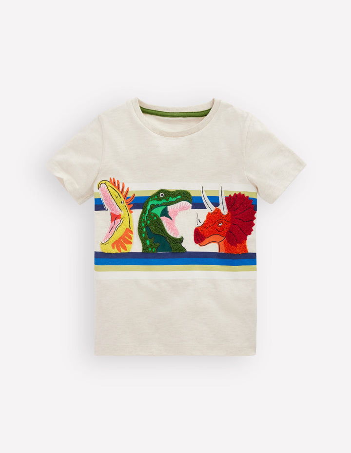 Short Sleeve Appliqué T-shirt-Oatmeal Marl Dino Stripe