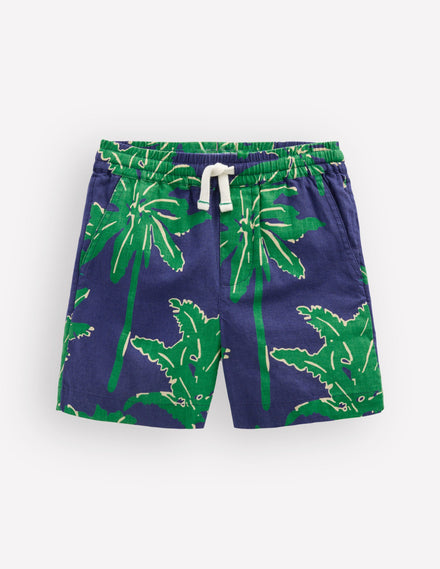 Cotton Linen Shorts-Green Palm Trees