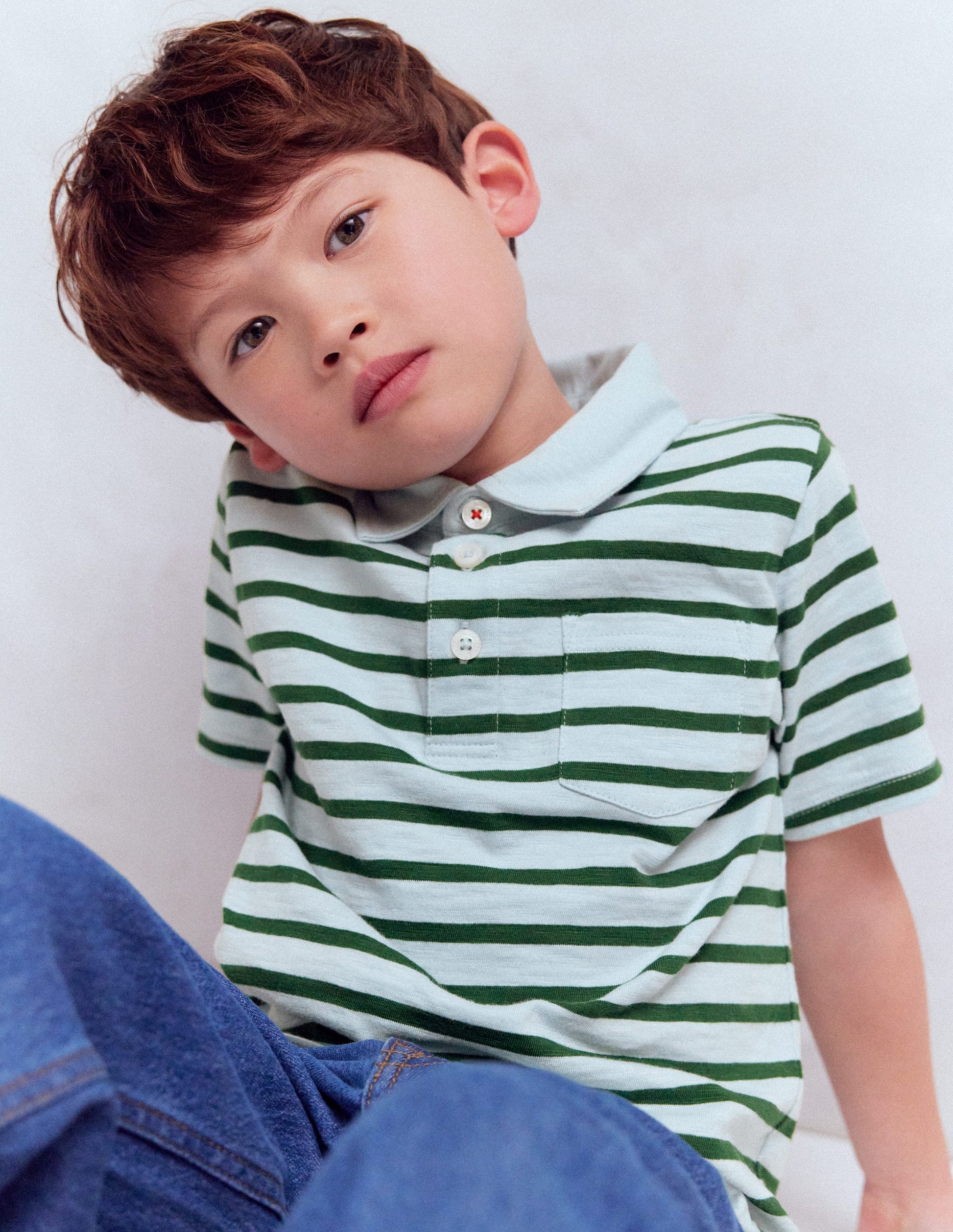 Slub Polo Shirt-Misty Blue/ Pine Green-3