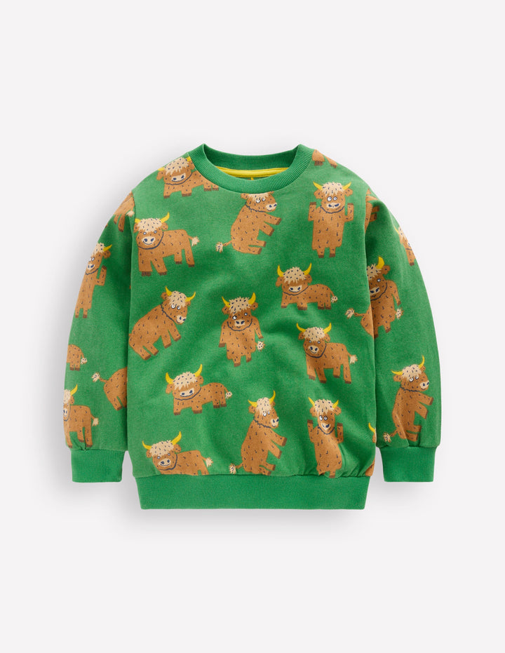 Everyday Printed Sweatshirt-Green Highland Cows