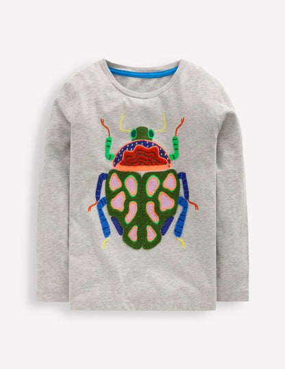 Long Sleeve Appliqué T-shirt-Grey insect-1