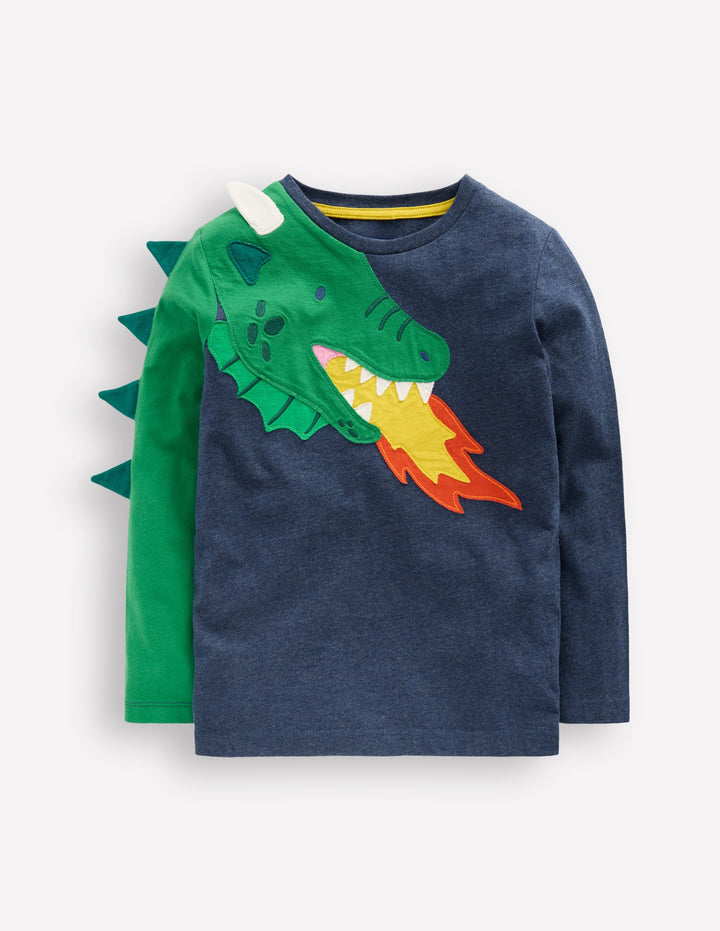 Fun Appliqué T-shirt-Blue Marl Dragon Fire