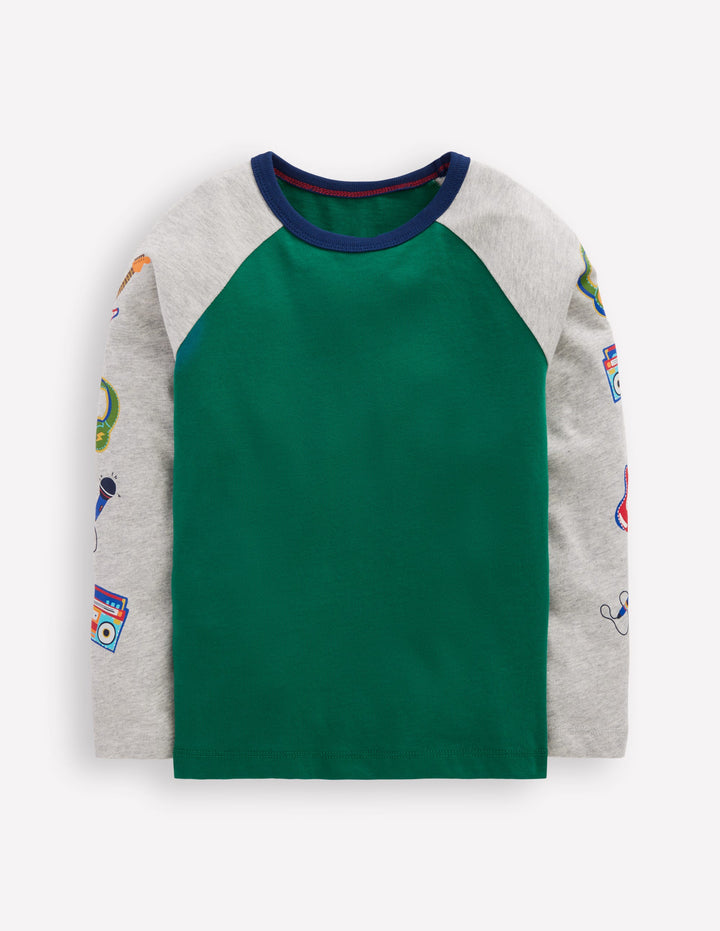 Printed Sleeve Raglan T-shirt-Green Weekend Print