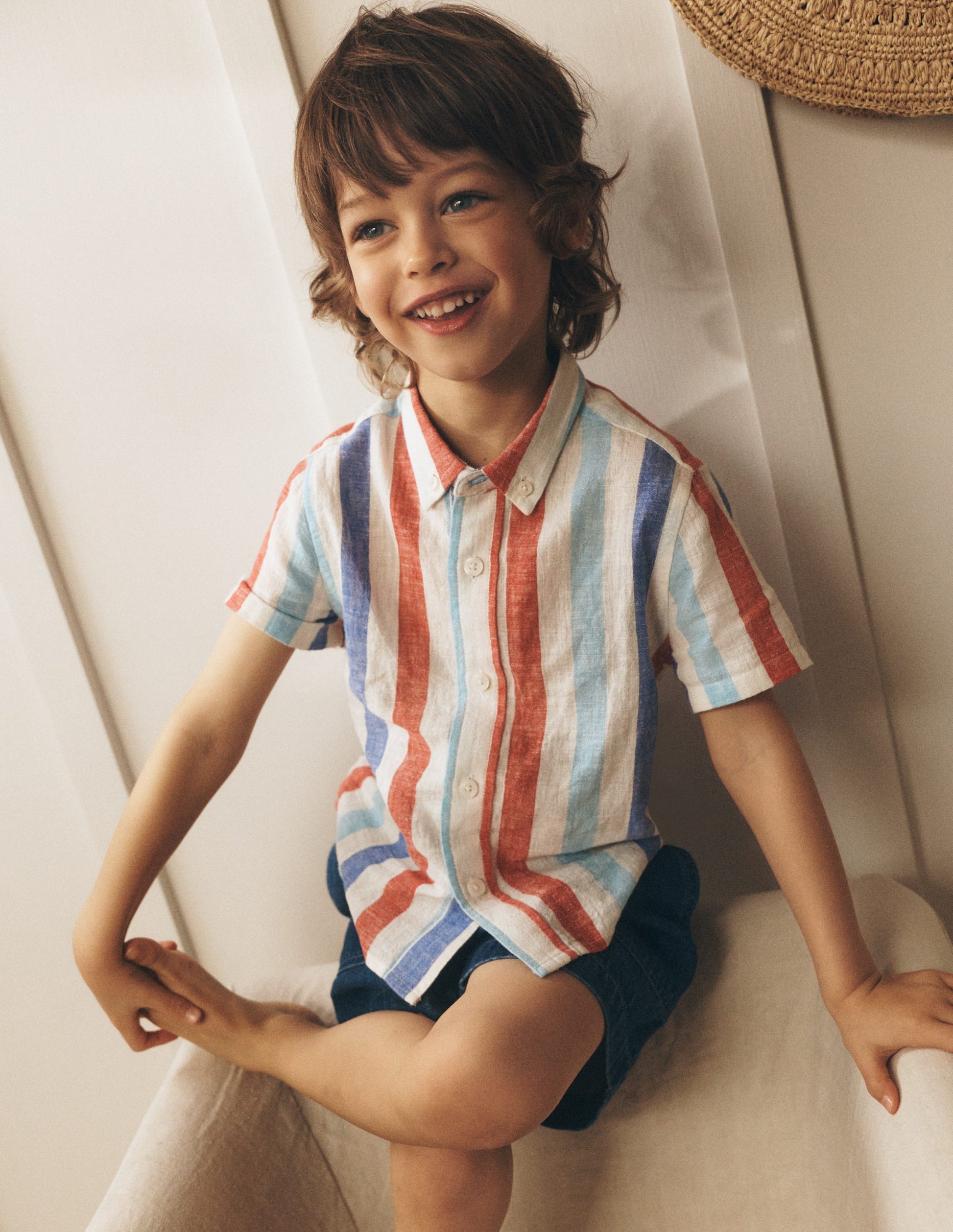 Cotton Linen Shirt-Blue and Red Stripe-1
