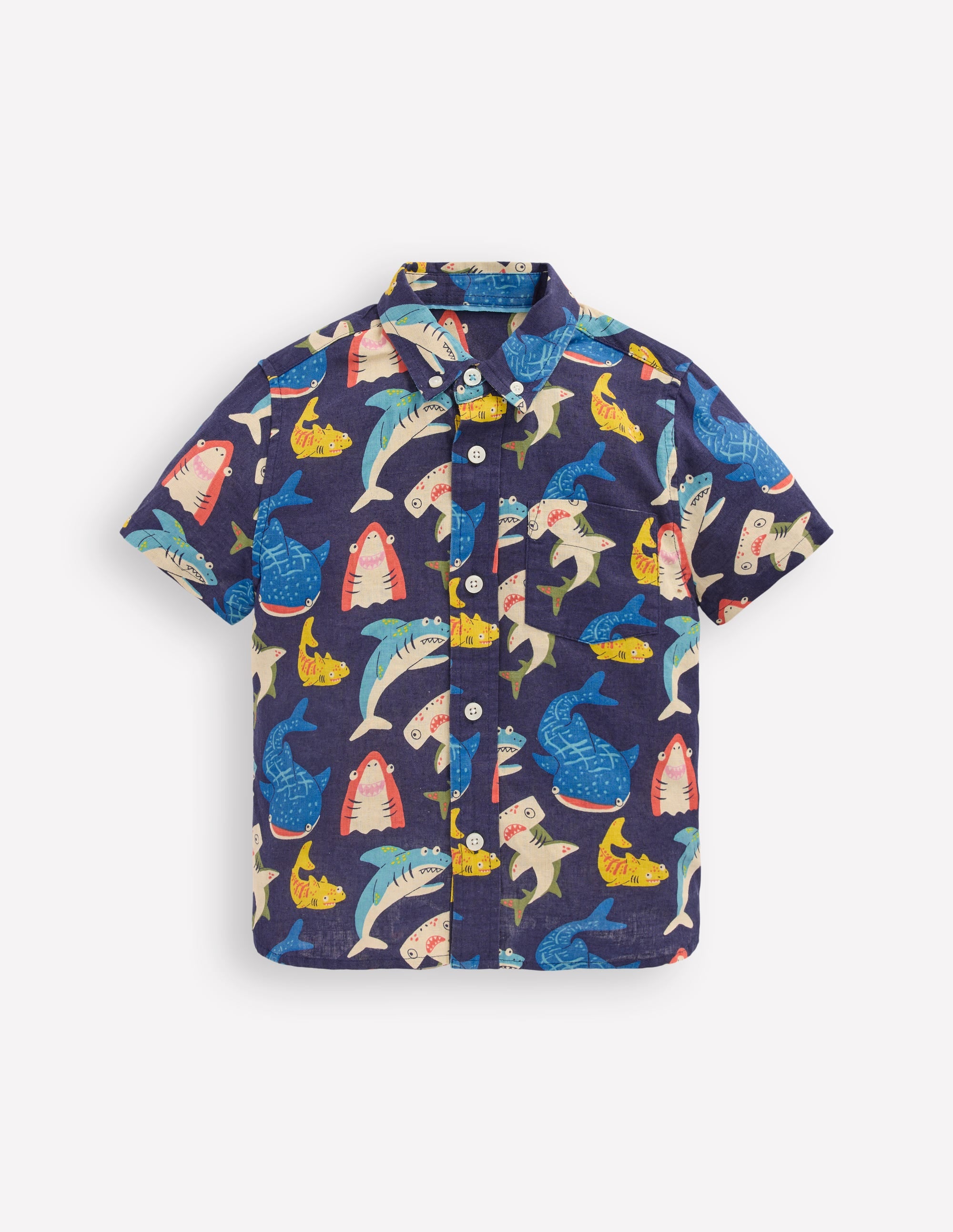 Cotton Linen Shirt-College Navy Multi Sharks - Image 1