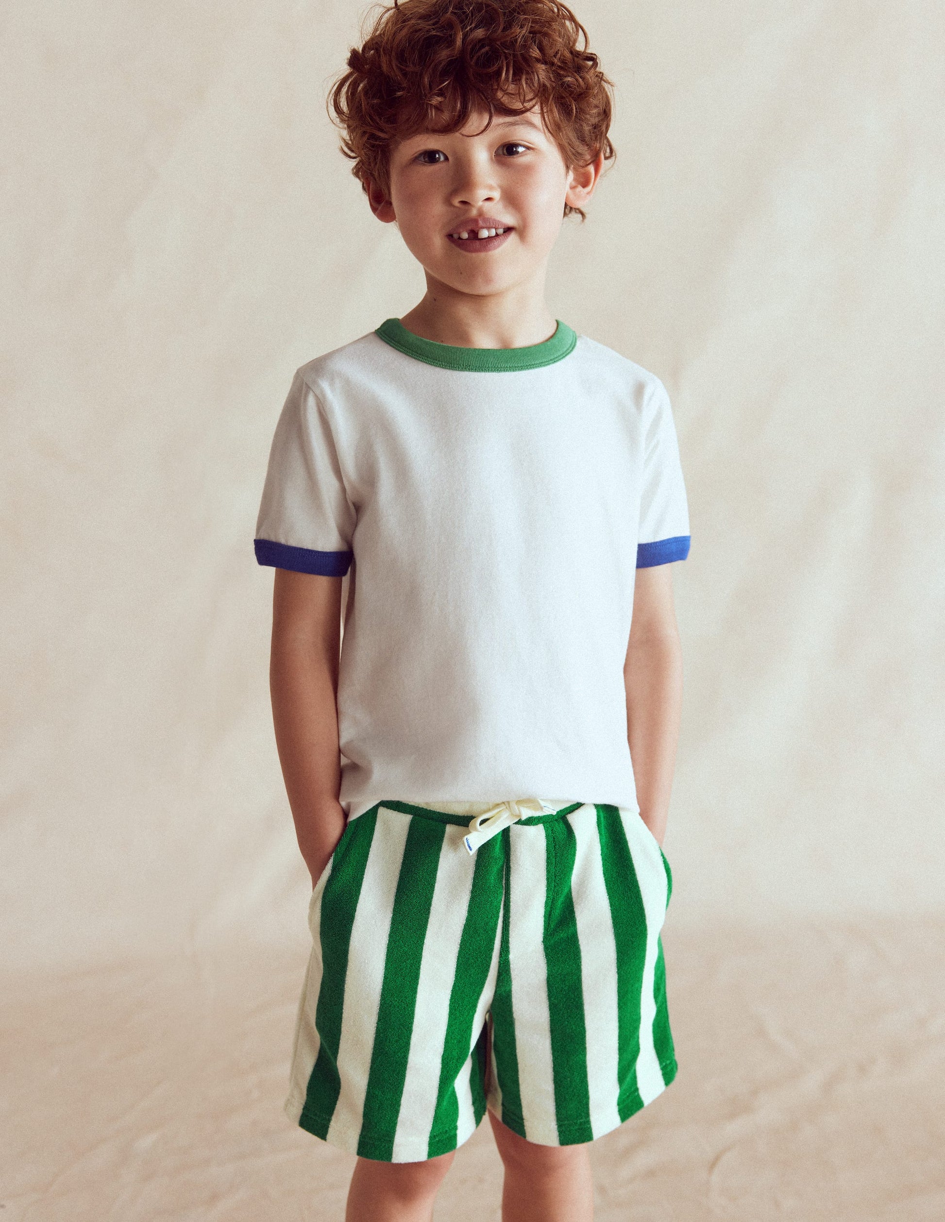 Towelling Shorts-Green and Ivory Stripe-1